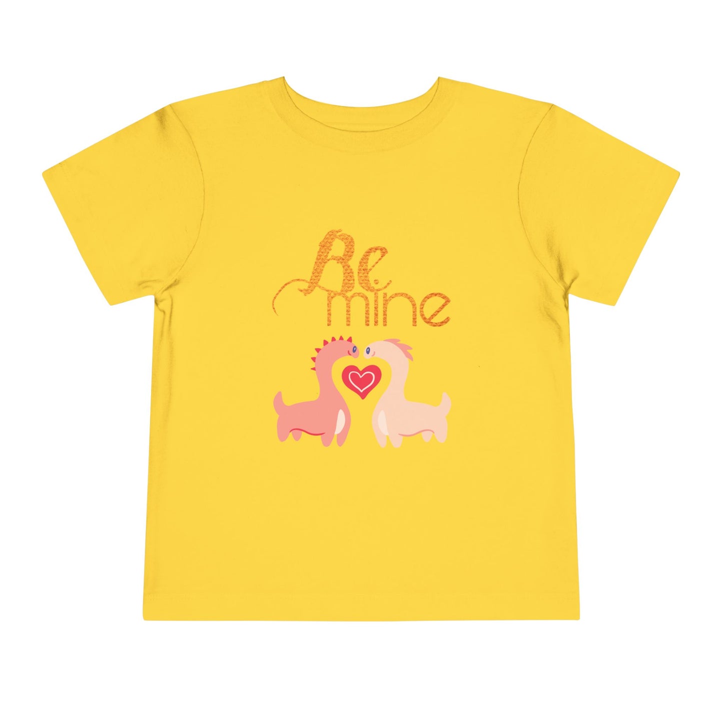 yellow toddler t-shirt with two pink dinosaurs, a heart and 'Be Mine' text 