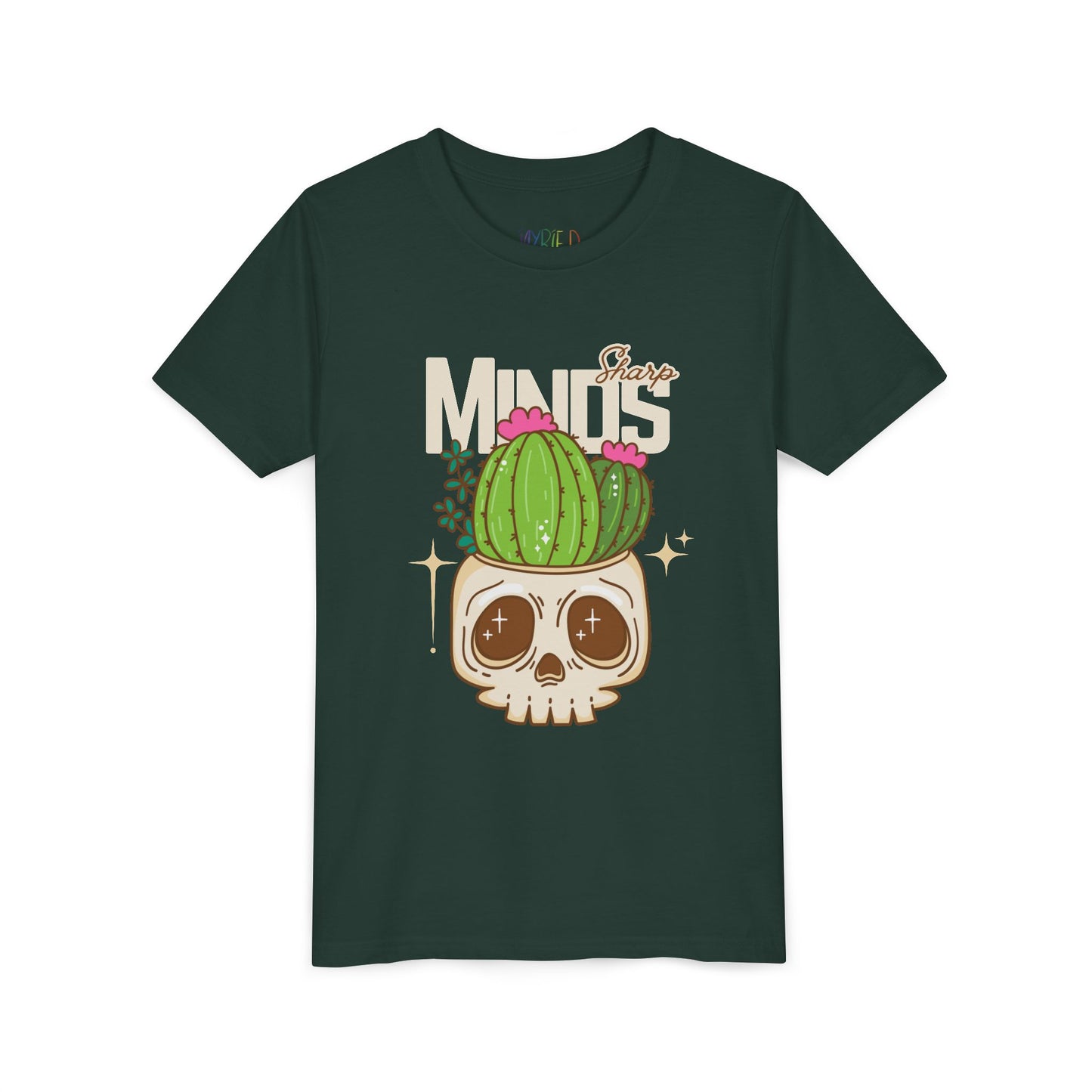 Dark green t-shirt with a cactus growing out of a skull and text 'Sharp Minds'