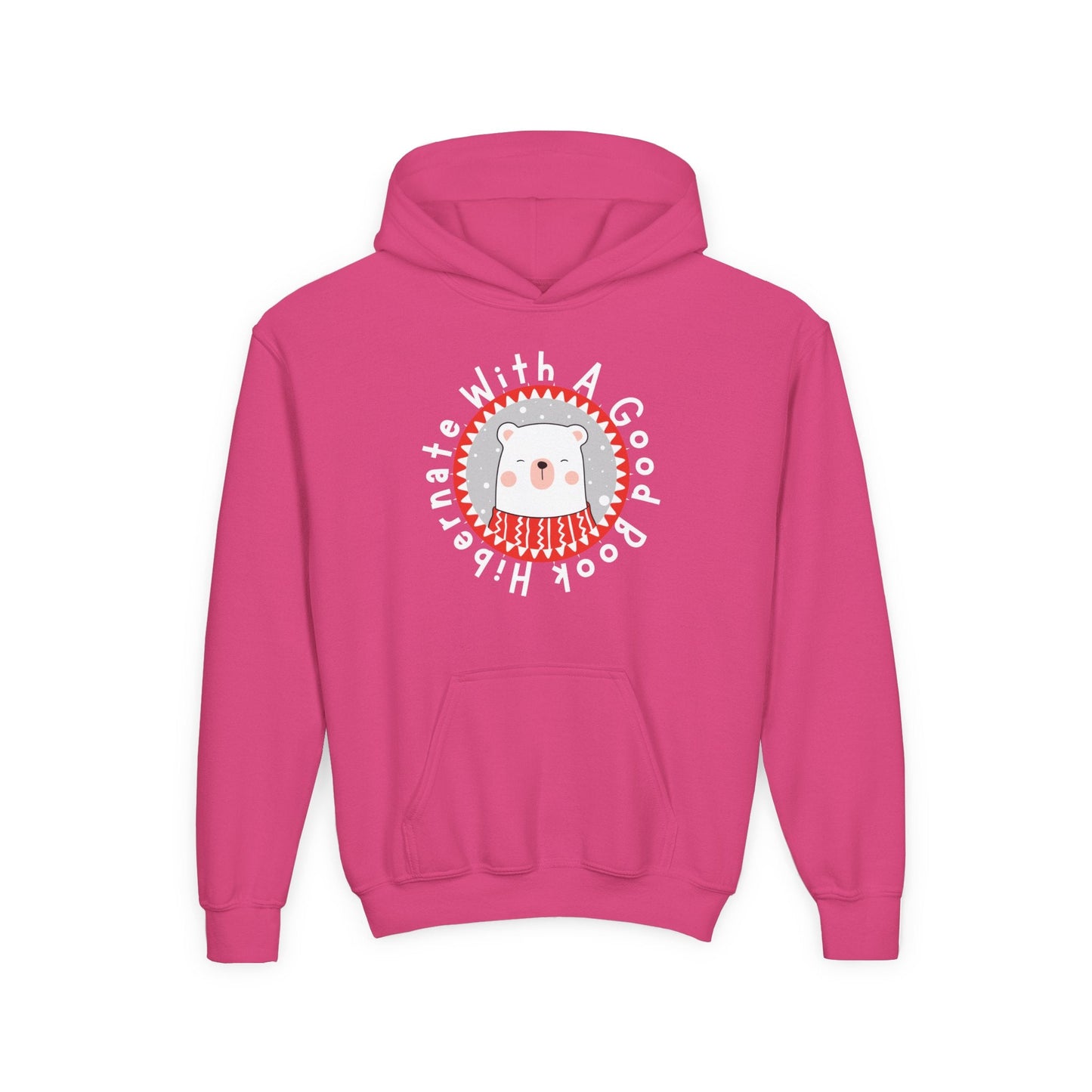 Youth Hibernate With a Good Book Hoodie â€“ Cozy Winter Bear Design Printify