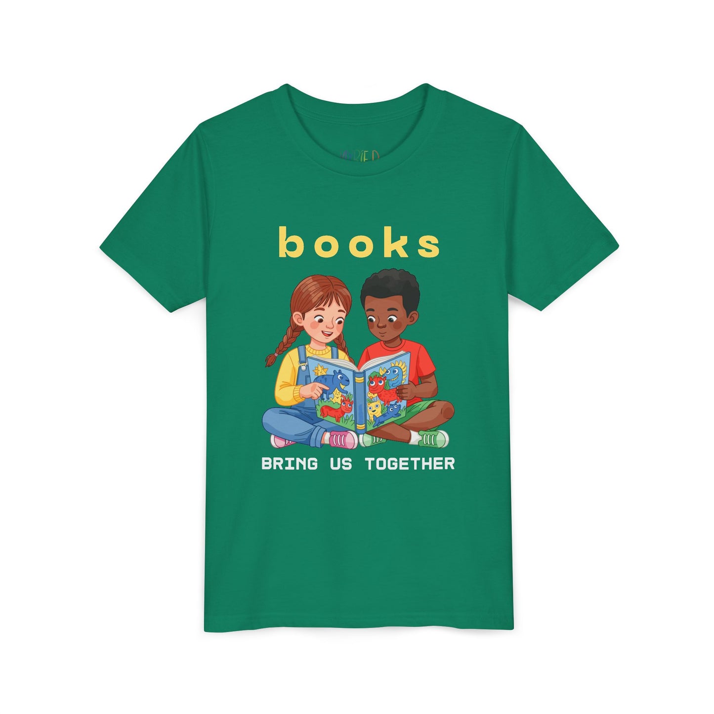 Green t-shirt with illustration of two children reading a book and text 'books bring us together'