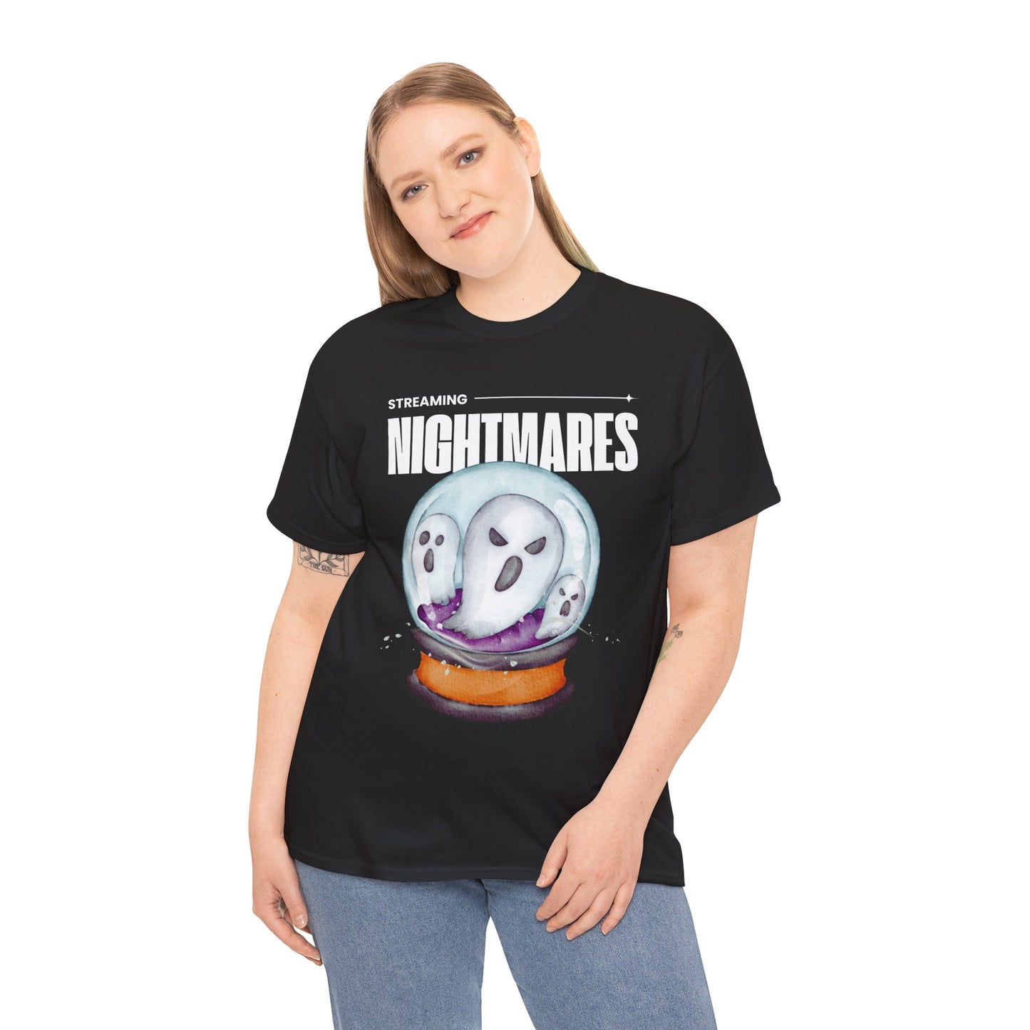 Teen/Adult Unisex "Streaming Nightmares" Ghost Globe T-Shirt â€“ Haunted Horror Apparel