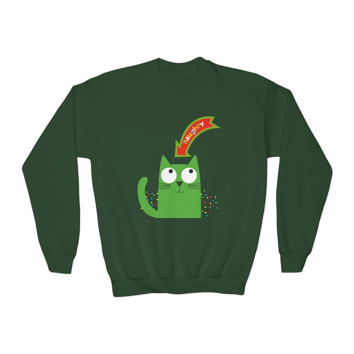 Green sweatshirt with a green cartoon cat looking sheepish and a red sign with text 'Naughty' 