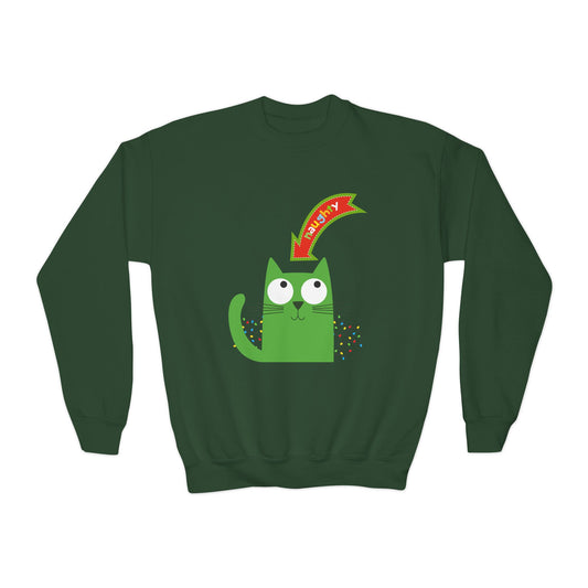Green sweatshirt with a green cartoon cat looking sheepish and a red sign with text 'Naughty' 