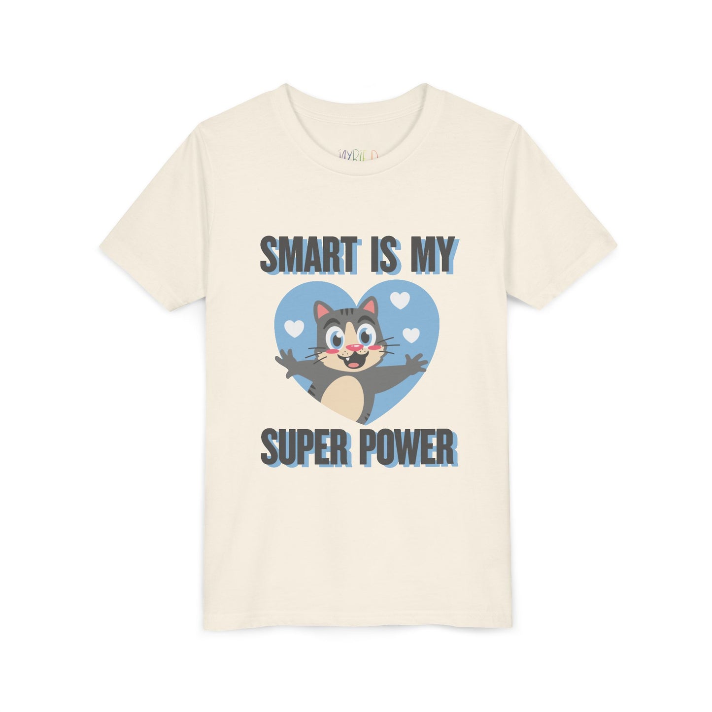 Beige t-shirt with cartoon cat character in a blue heart and text 'Smart Is My Super Power'