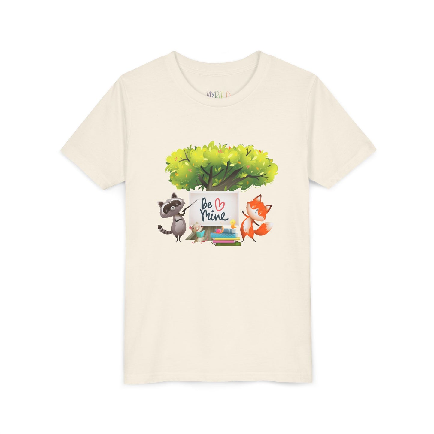 Beige t-shirt with a raccoon and fox graphic and 'Be Mine' text 