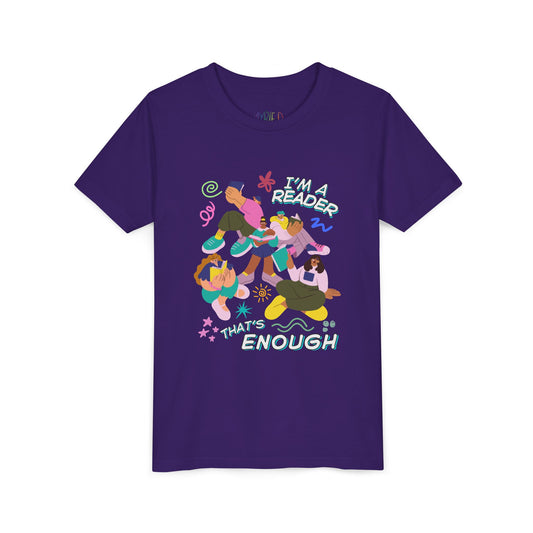 Purple t-shirt with colorful modern graphics of people, fun doodles and text 'I'm a reader, that's enough' 