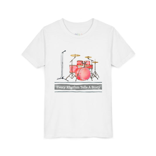 White t-shirt with a microphone, drum set and text 'Every Rhythm Tells A Story' 