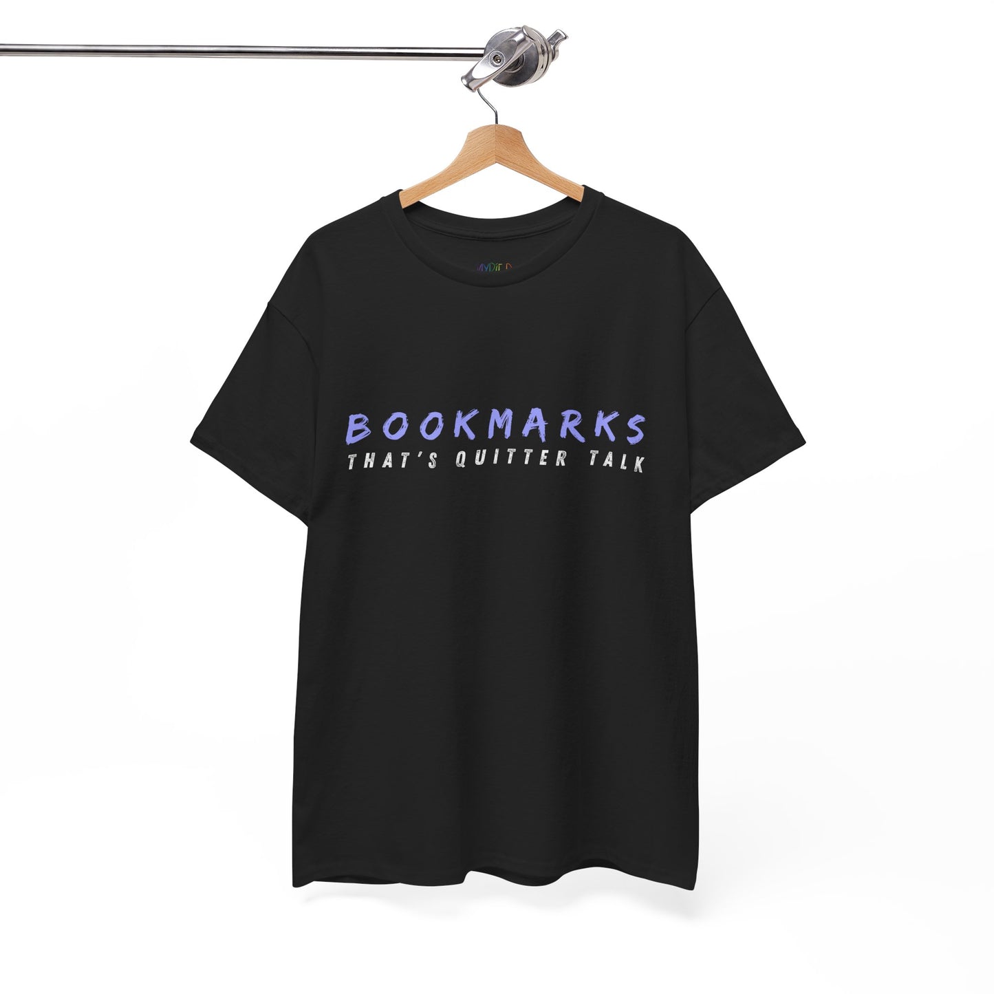 Black t-shirt with 'BOOKMARKS THAT'S QUITTER TALK' text 
