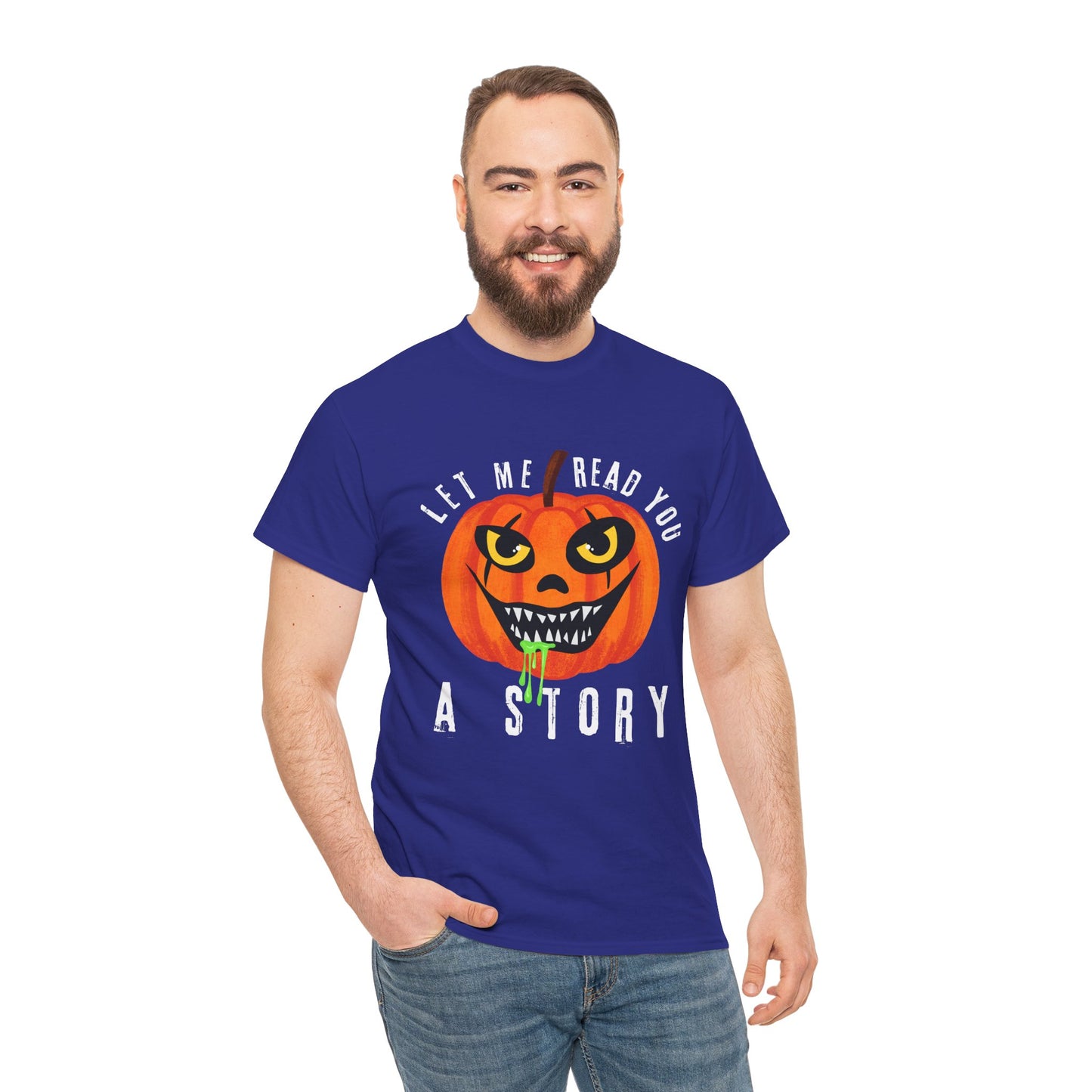 Man wearing a blue t-shirt with an evil pumpkin graphic and text 'Let Me Read You A Story' on a hanger against a white background