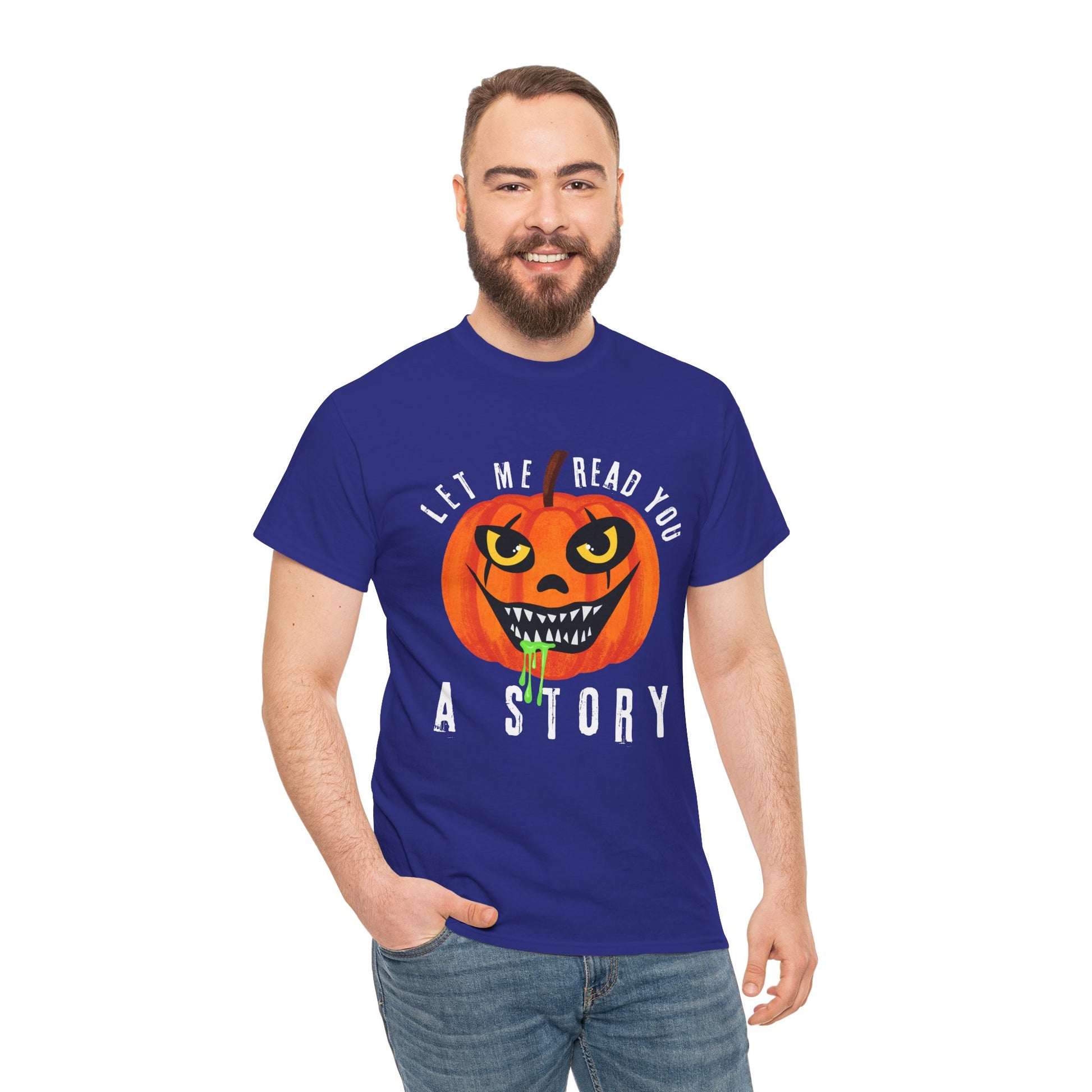 Man wearing a blue t-shirt with an evil pumpkin graphic and text 'Let Me Read You A Story' on a hanger against a white background