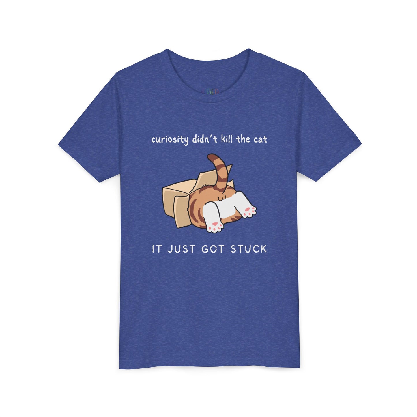 Blue t-shirt with a cat inside a box and text 'curiosity didn't kill the cat, it just got stuck' 