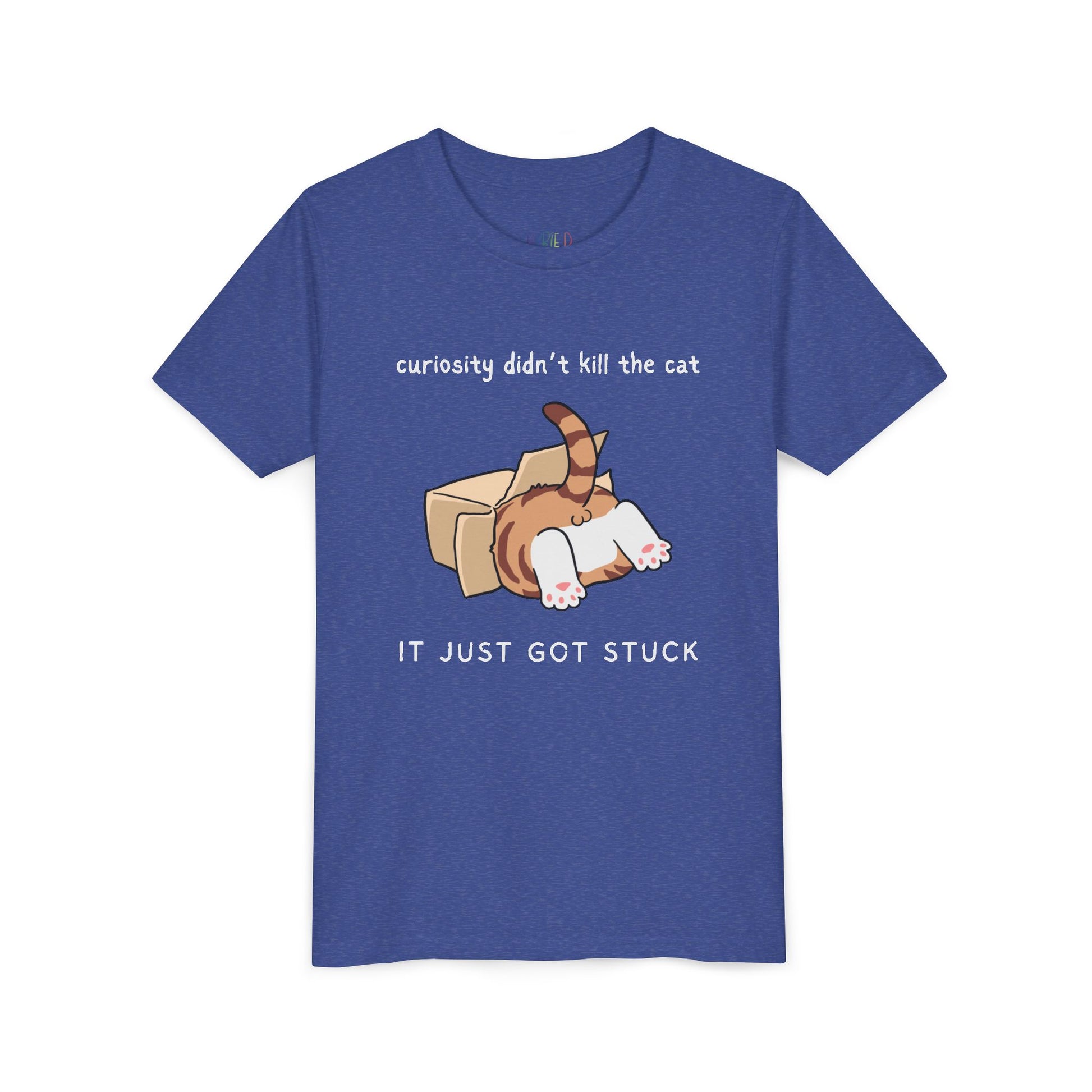 Blue t-shirt with a cat inside a box and text 'curiosity didn't kill the cat, it just got stuck' 