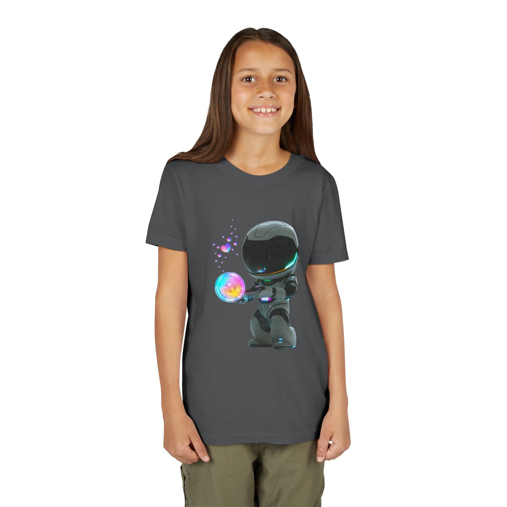 Girl wearing a gray t-shirt with an astronaut holding  a glowing orb bubble with colorful hearts floating out of it 