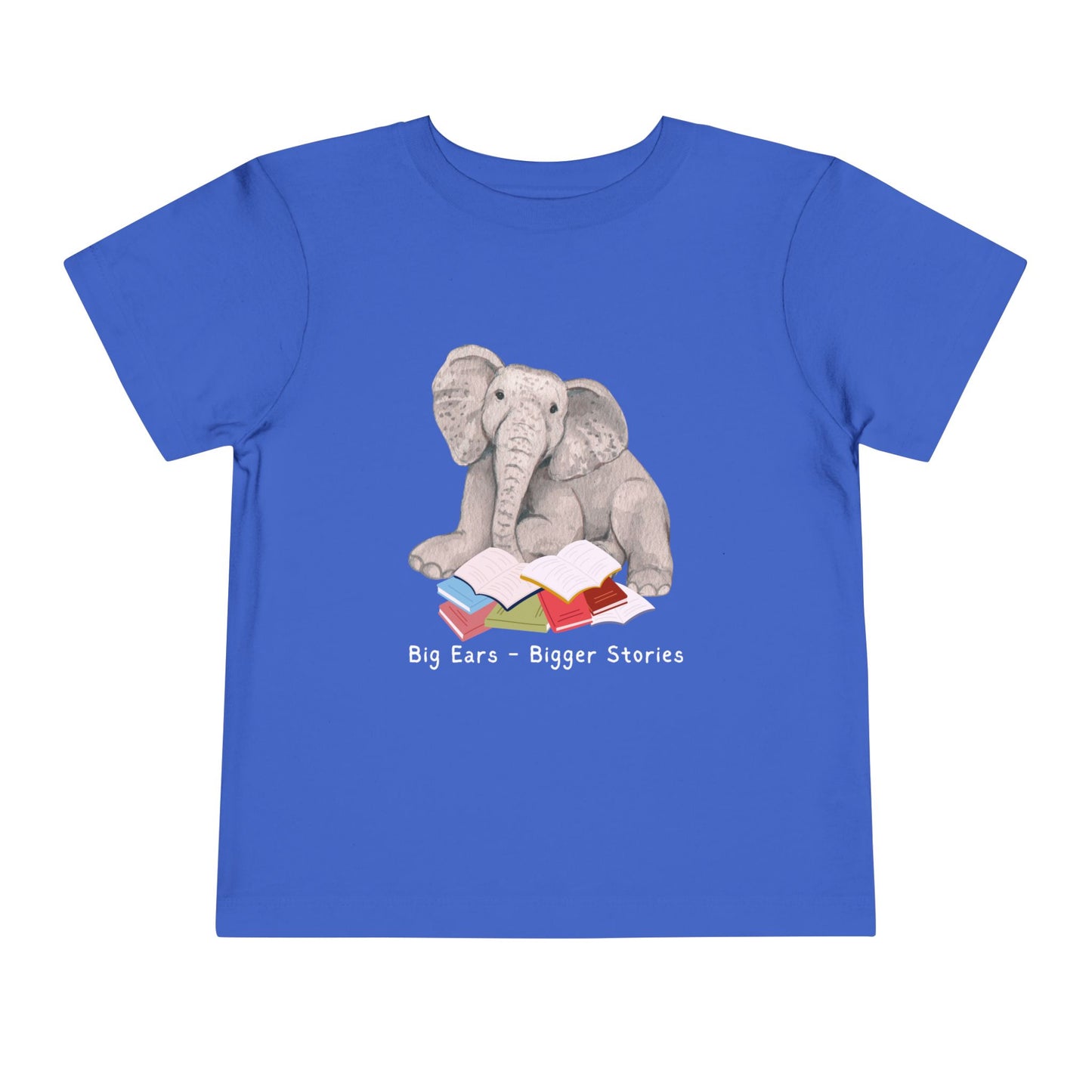 Blue t-shirt with an elephant reading a stack of books and text 'Big Ears - Bigger Stories' 