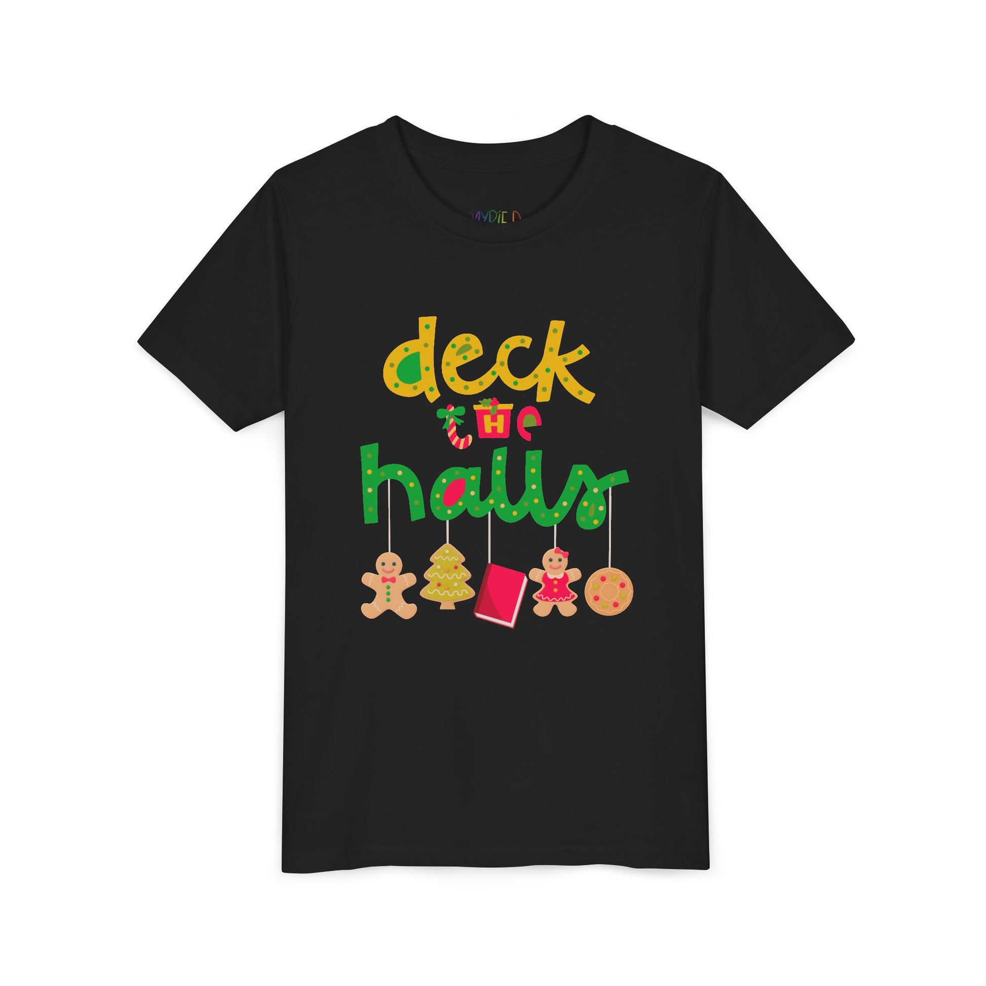 Black t-shirt with Christmas deck the halls theme with dangling ornaments