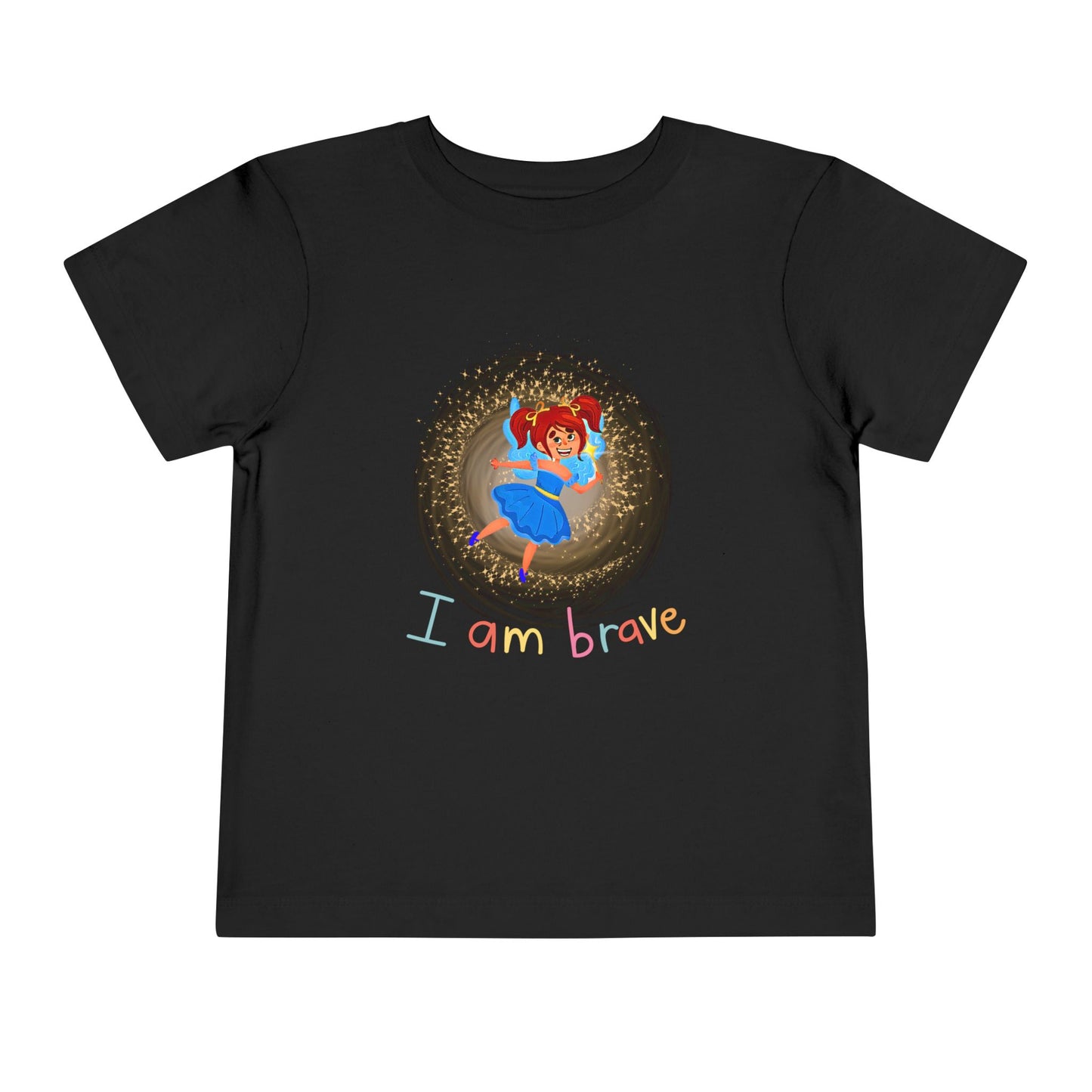 Black toddler t-shirt with a fairy in spiral of sparkling light and text 'I Am Brave' 