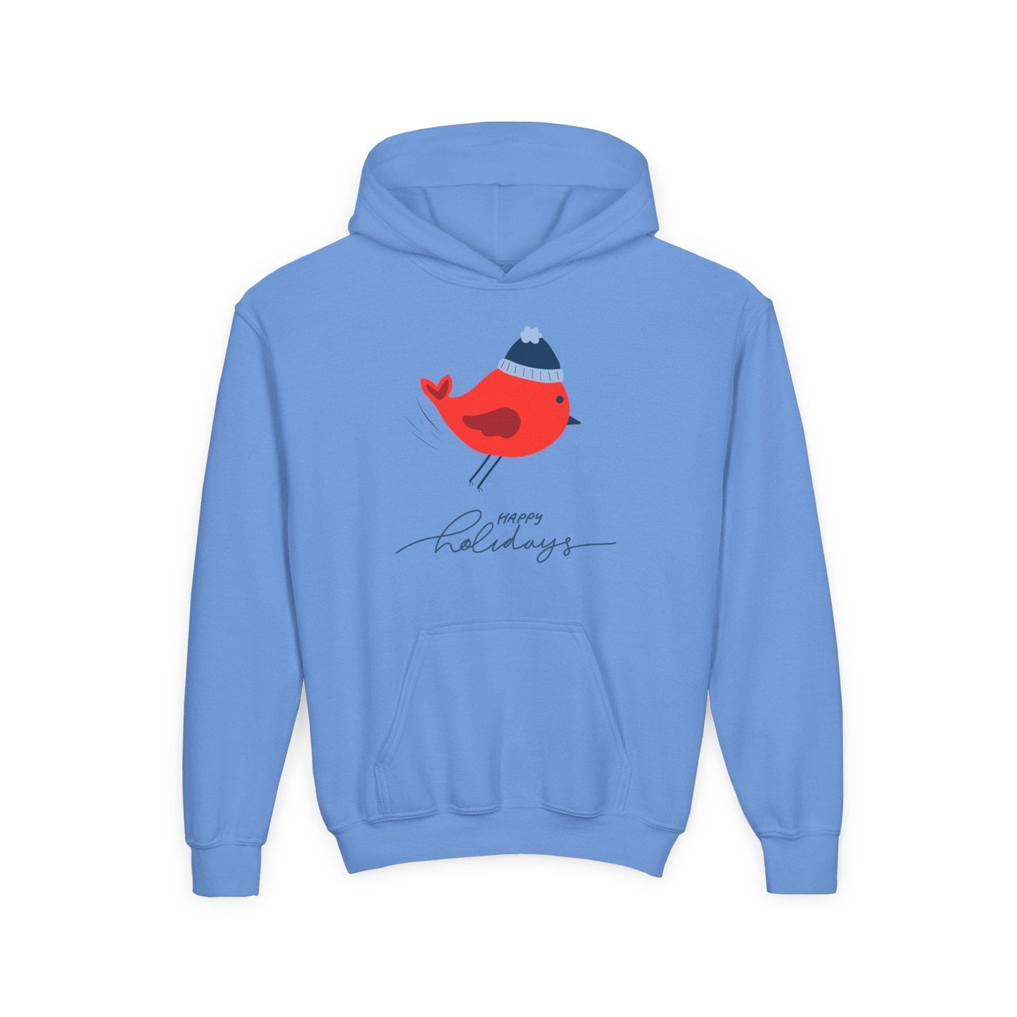Youth Happy Holidays Hoodie â€“ Winter Red Bird Design Printify