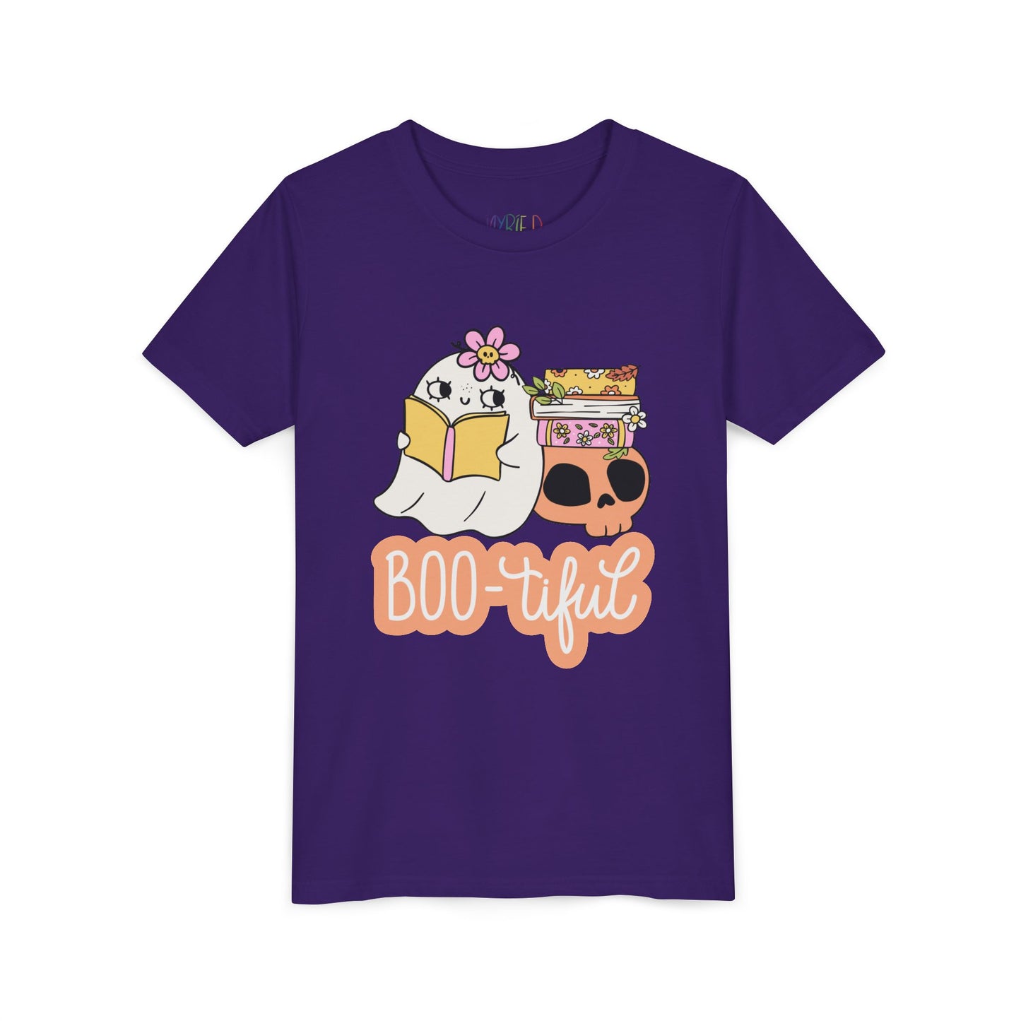 Purple t-shirt with cartoon ghost leaning on a skull and stack of books while reading and text 'BOO-tiful'