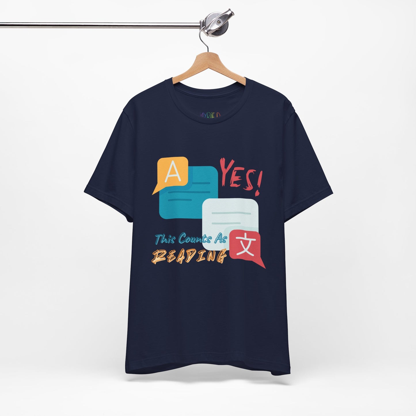Navy blue t-shirt with colorful instant messaging boxes and text 'YES! This Counts As Reading'