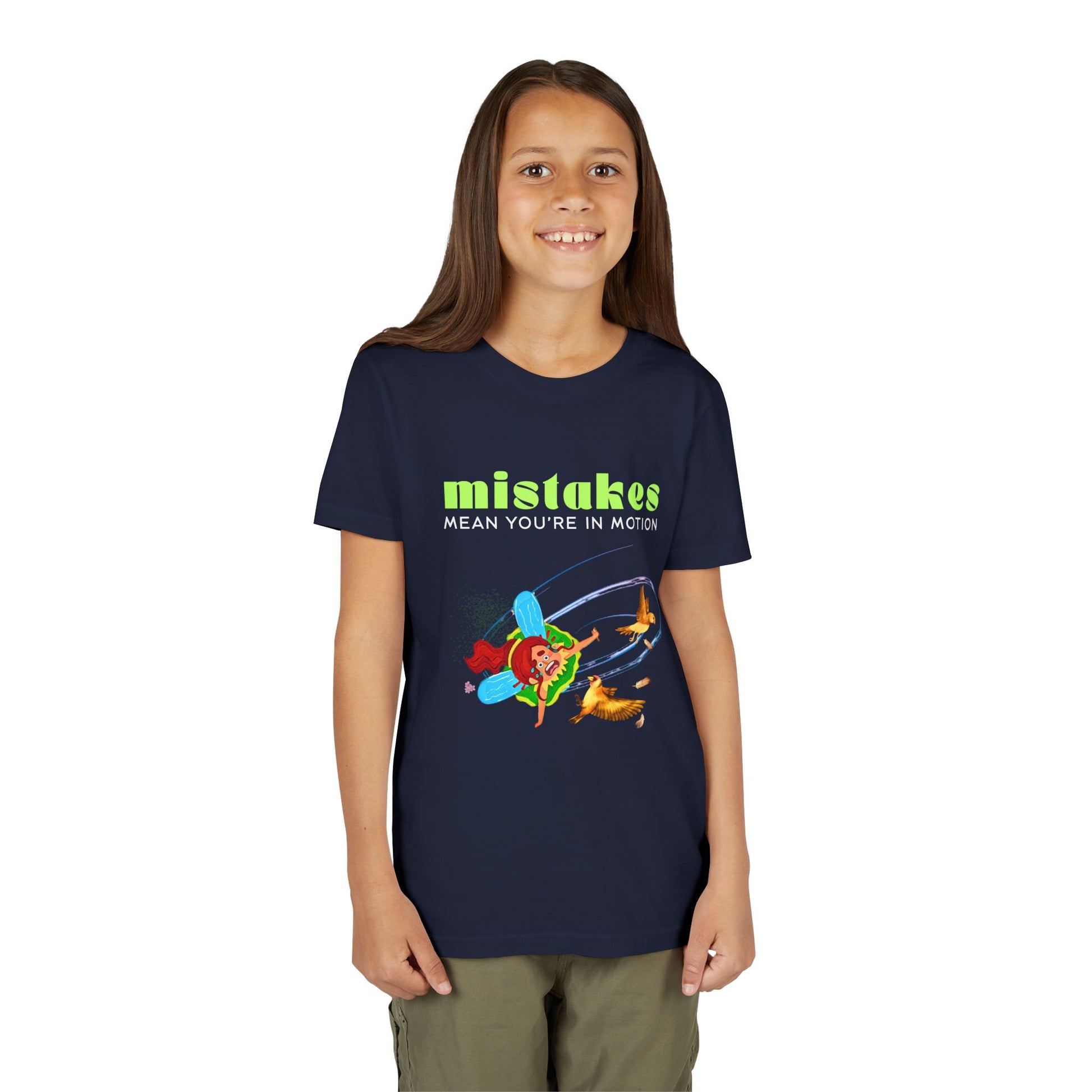 Girl wearing a navy blue t-shirt with fairy crashing into birds mid-air and text 'MISTAKES Mean You're In Motion'