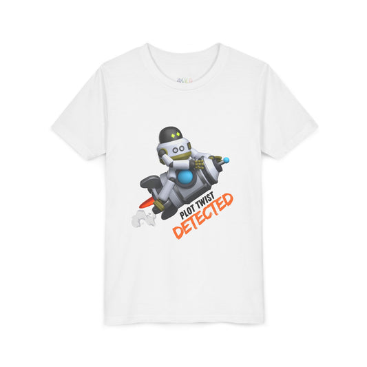Youth Plot Twist Detected Tee – Rocket-Bot Shirt for Curious Readers For kids who zoom through stories and spot every twist!