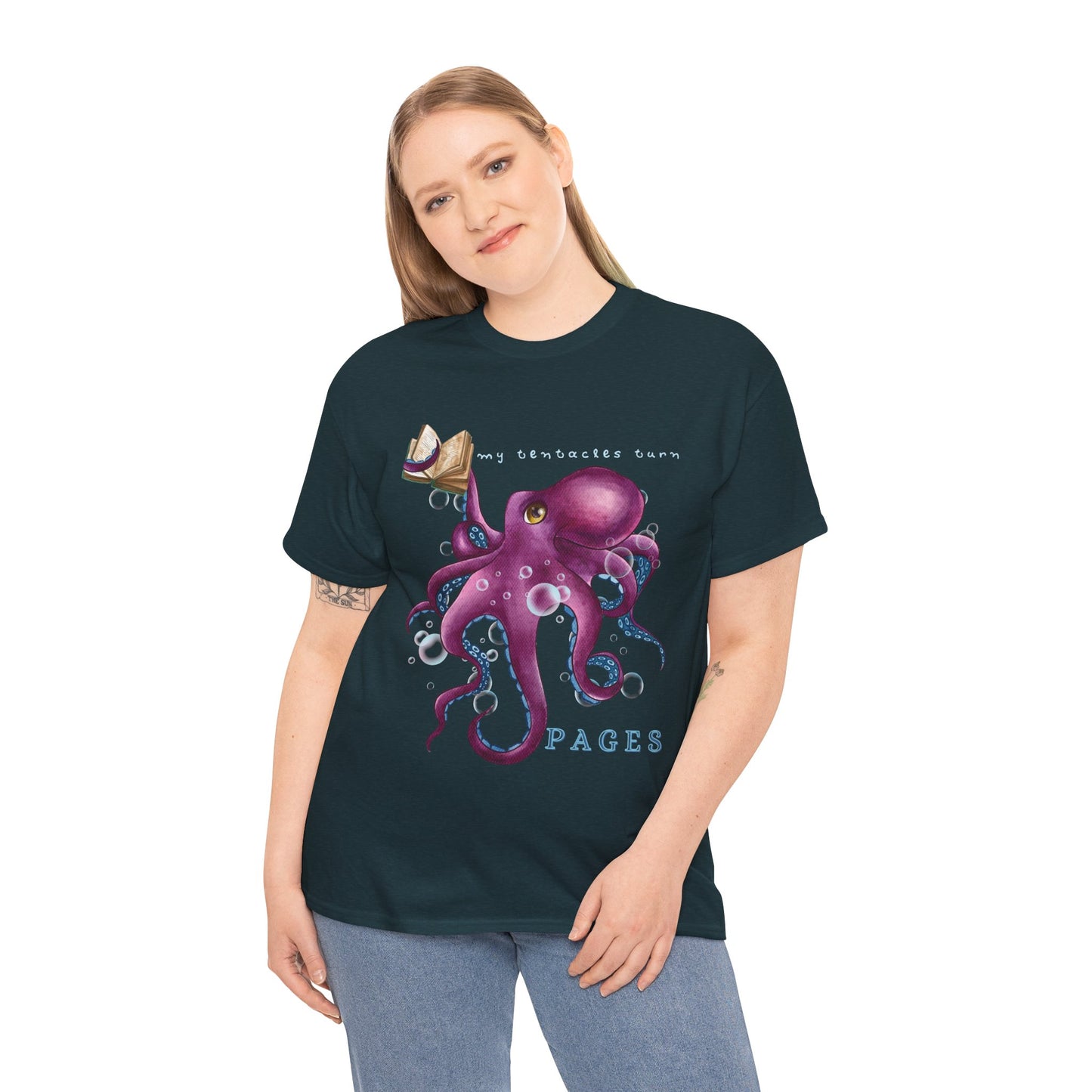 Woman wearing a dark t-shirt with a purple octopus design holding a book in one tentacle, bubbles and text 'My Tentacles Turn Pages' 