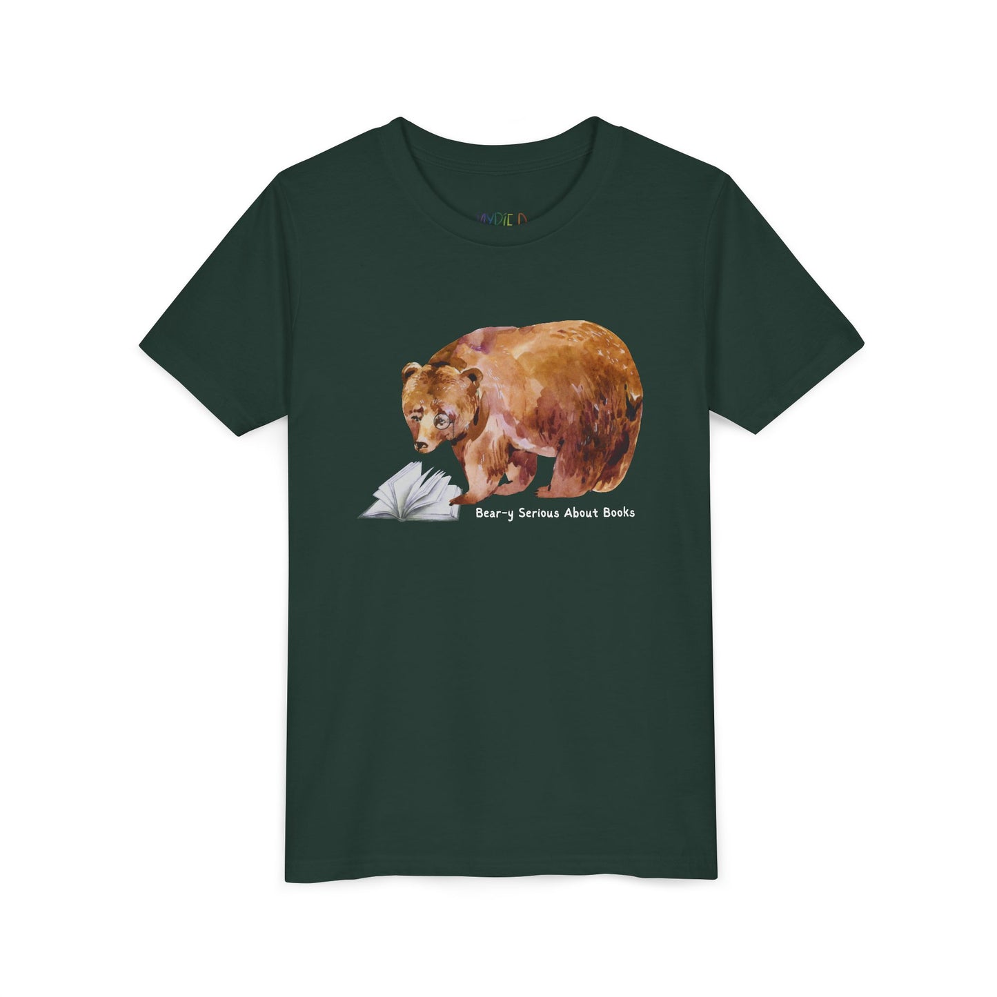 Dark green t-shirt with a monacle wearing bear reading a book and text 'bear-y serious about books'
