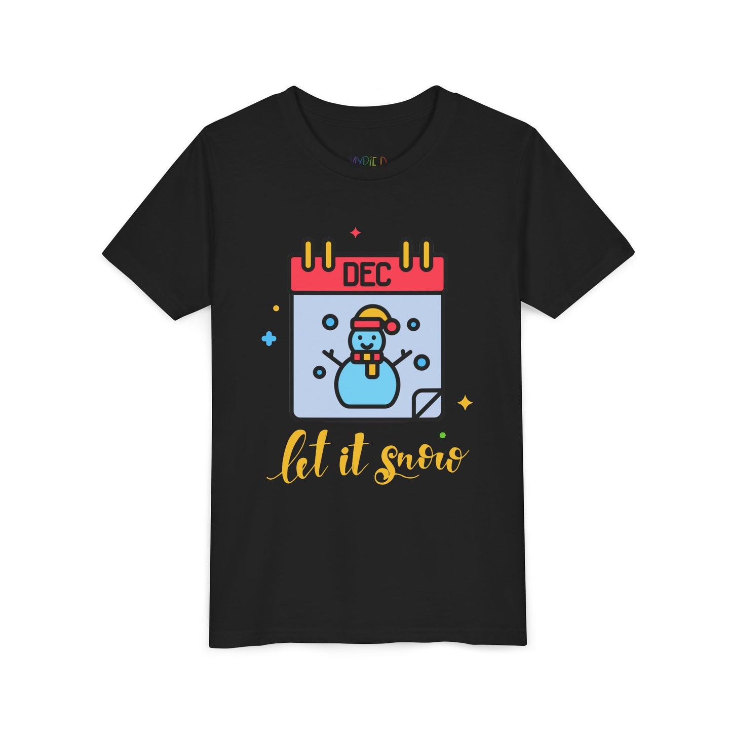 Black t-shirt with a snowman calendar design and 'let it snow' text on a white background