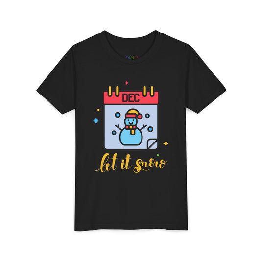 Black t-shirt with a snowman calendar design and 'let it snow' text on a white background