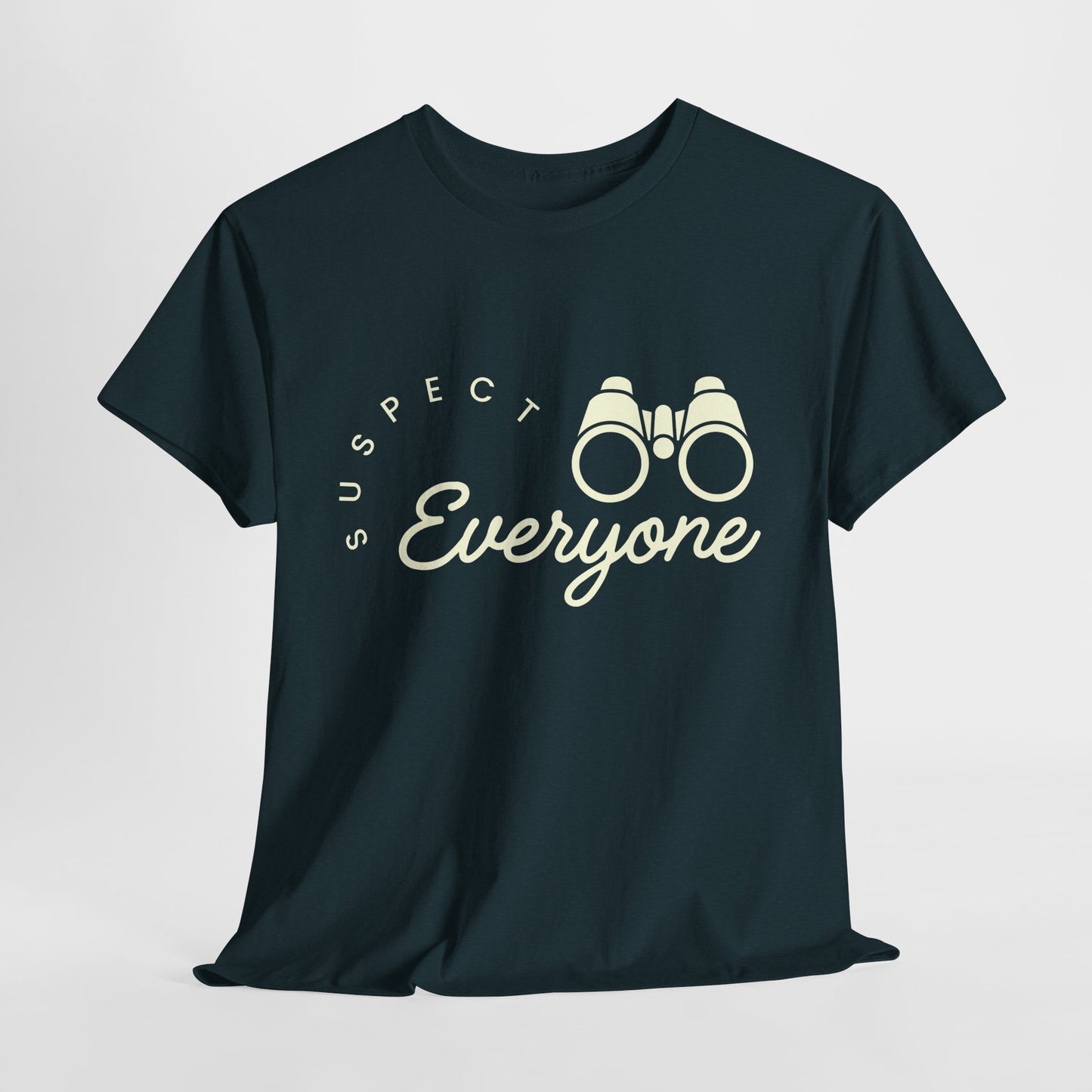Black t-shirt with 'Suspect Everyone' text and binoculars graphic on a light gray background