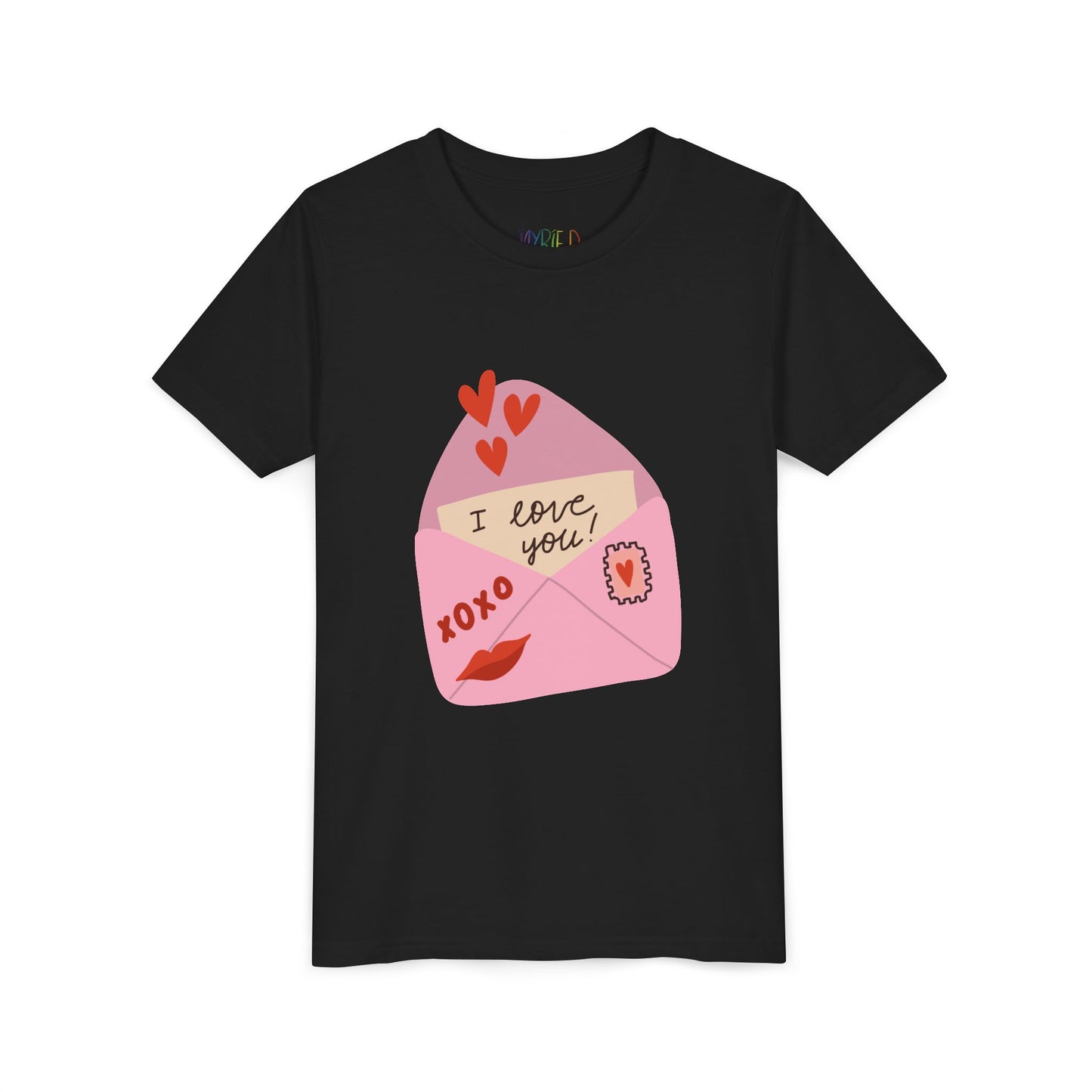 Black t-shirt with an 'I love you!' letter peaking out of a pink envelope