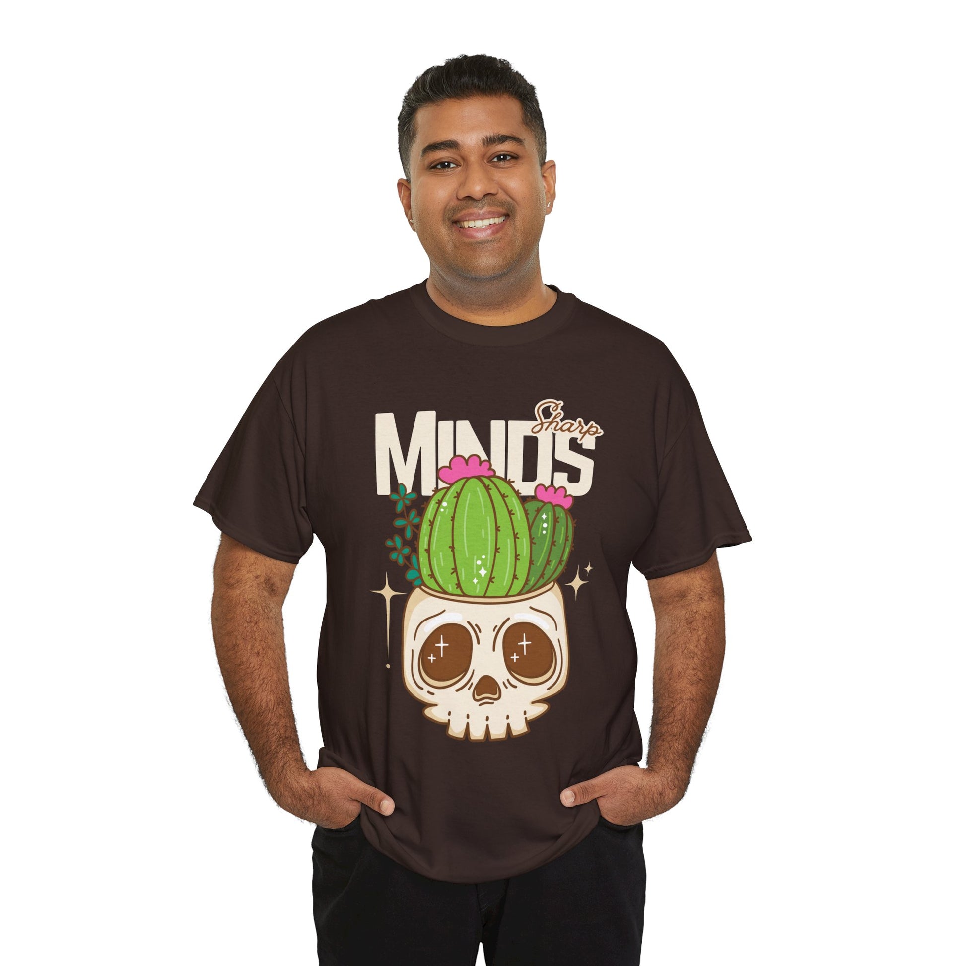 Man wearing a brown t-shirt with an image of a cactus growing out of a skull and text 'Sharp Minds'