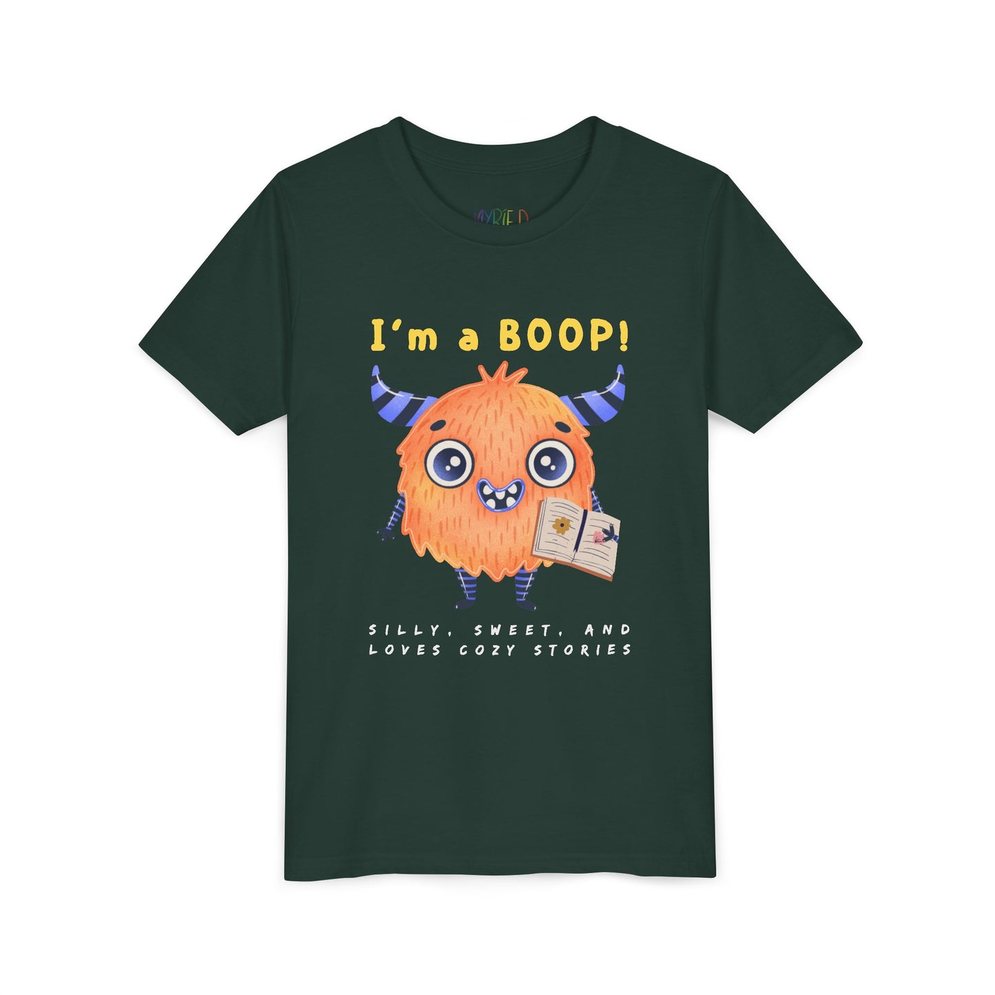 Dark green t-shirt with a cartoon monster and text 'I'm a BOOP!'