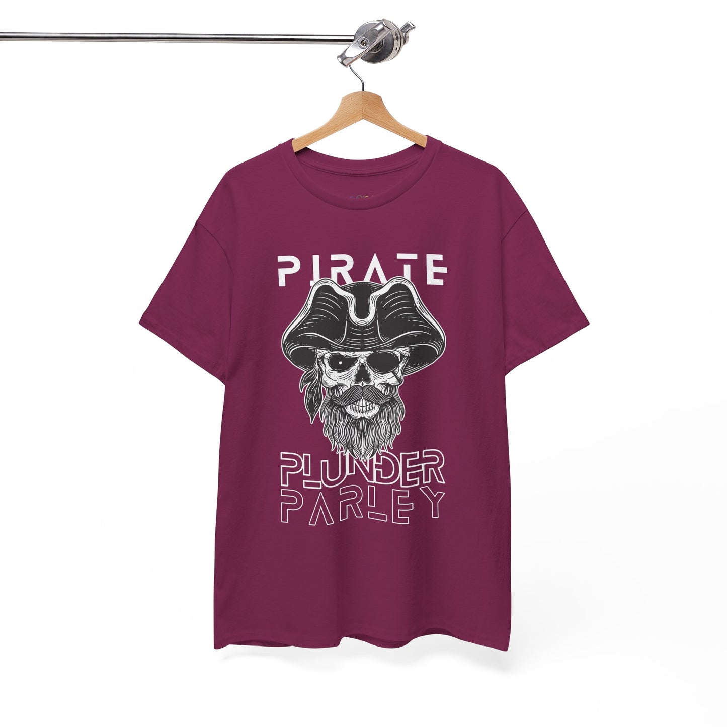 Berry t-shirt with a black and white pirate graphic and text 'Pirate. Plunder. Parley'