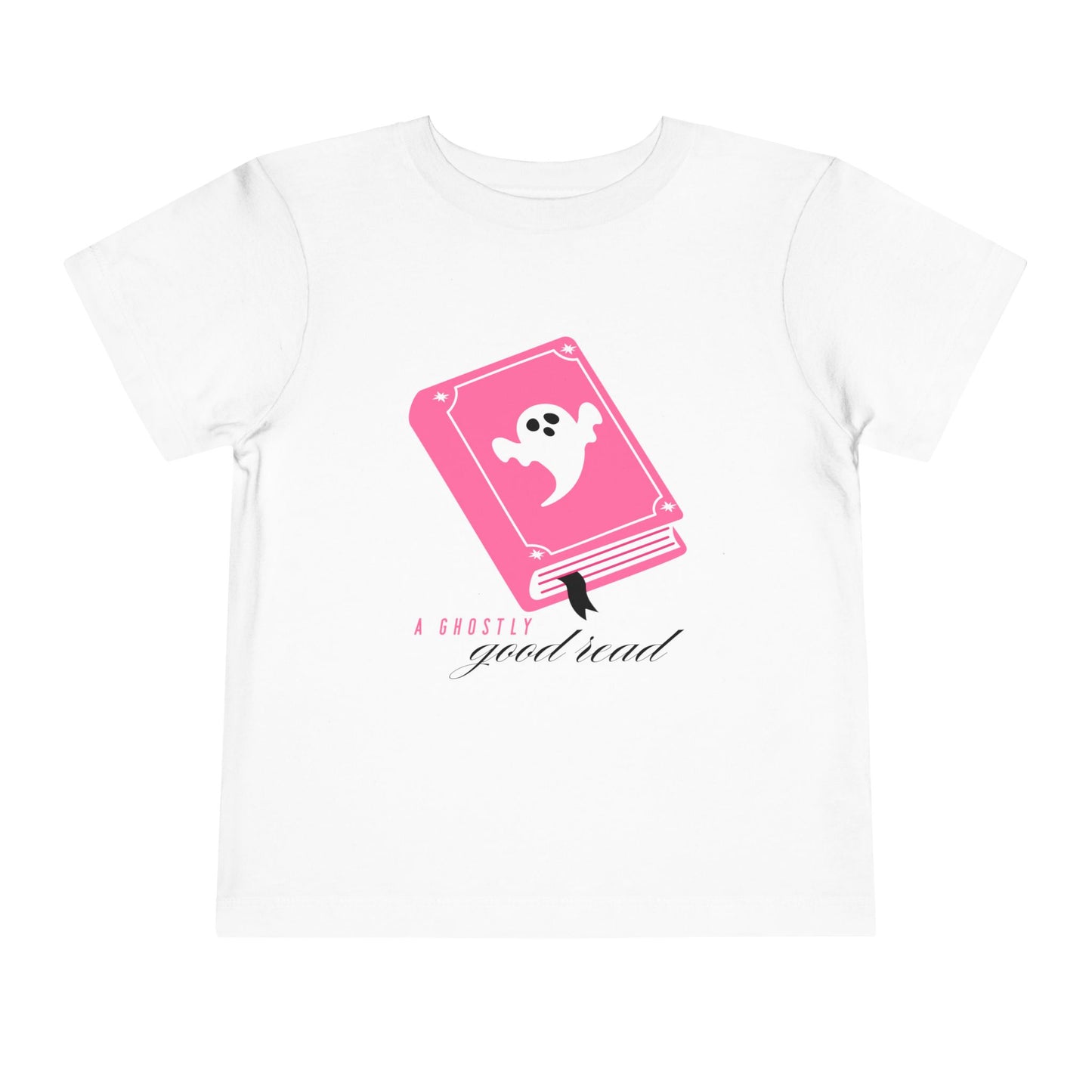 White t-shirt with pink book with a ghost on the cover and text 'A ghostly good read' 