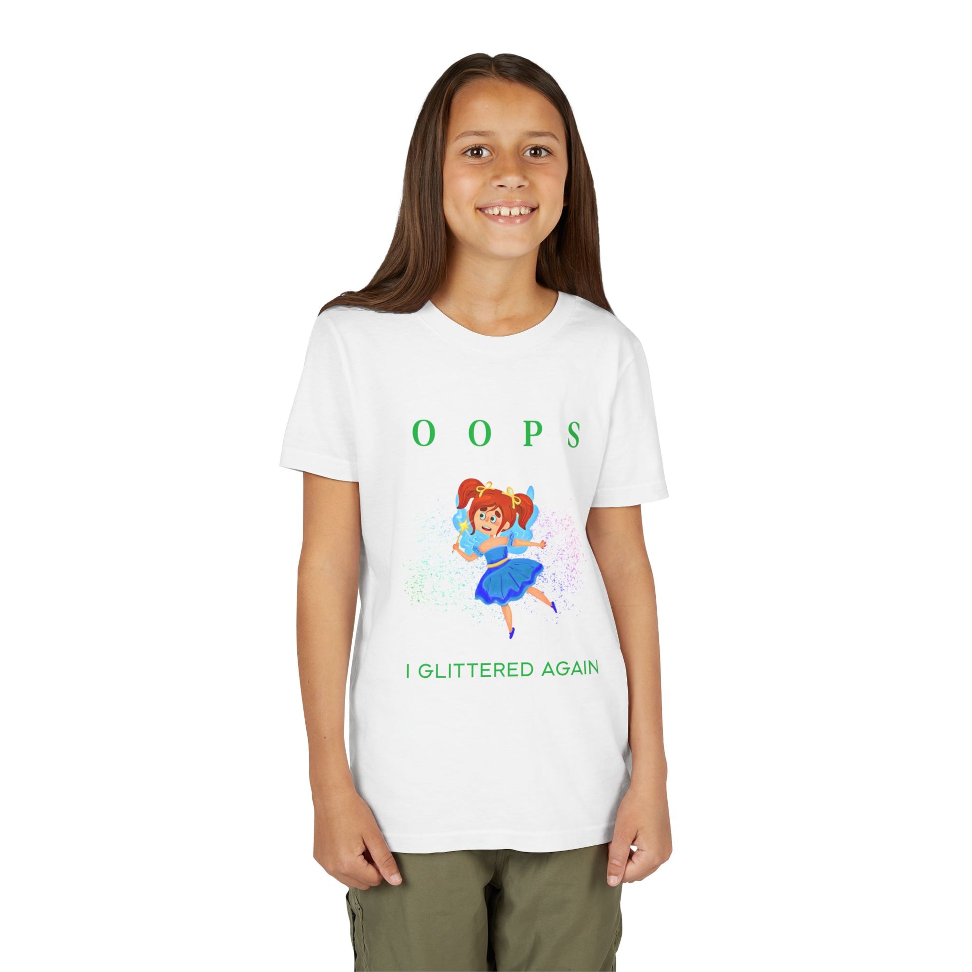Girl wearing a white t-shirt with a fairy, glitter and text 'OOPS I GLITTERED AGAIN'