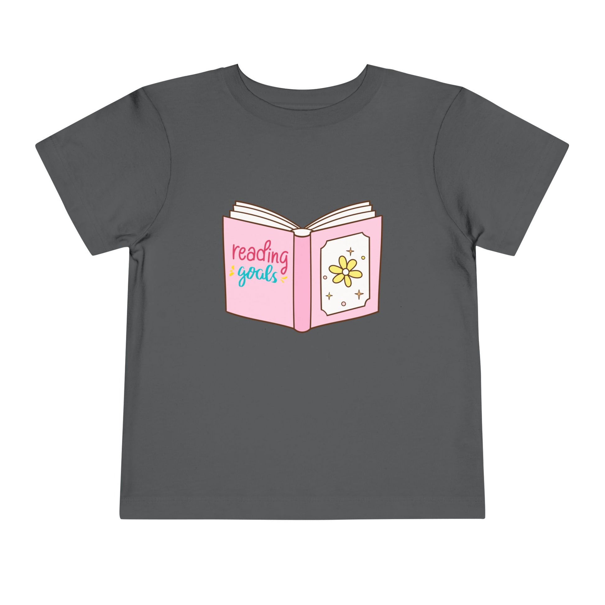 Gray toddler t-shirt with a pink book graphic and 'reading goals' text 