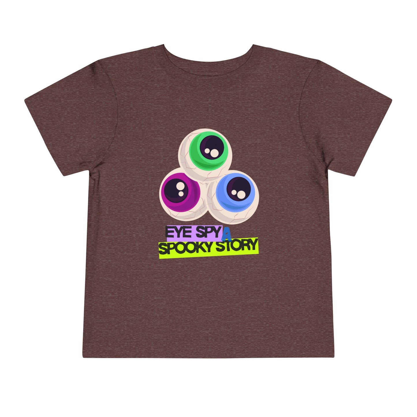 Maroon toddler t-shirt with colorful eyeballs and text "Eye Spy A Spooky Story' on a white background