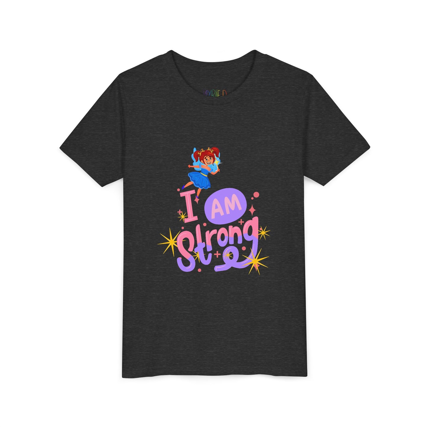 Dark gray t-shirt with a colorful fairy graphic and text 'I AM STRONG'