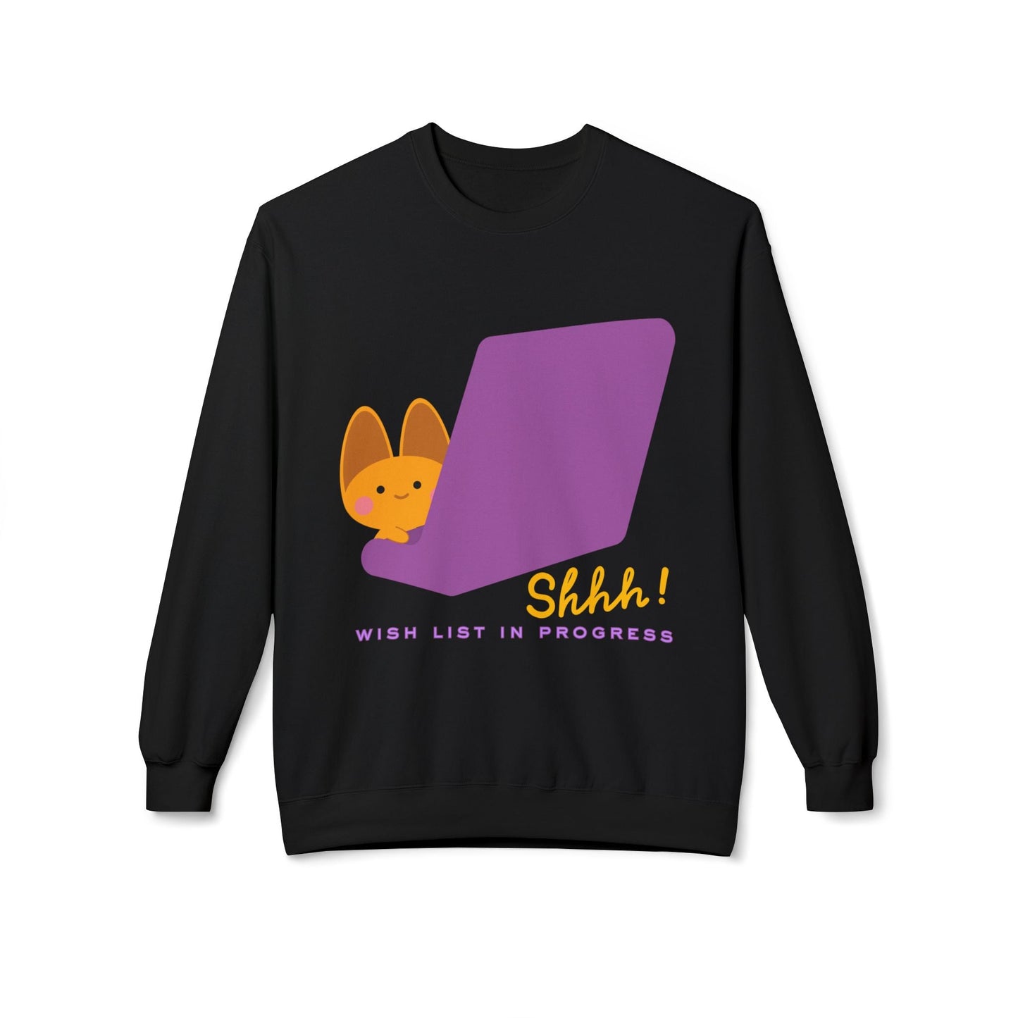 Teen/Adult Unisex Shhh Wish List in Progress Sweatshirt â€“ Cute Holiday Laptop Cat Design Printify