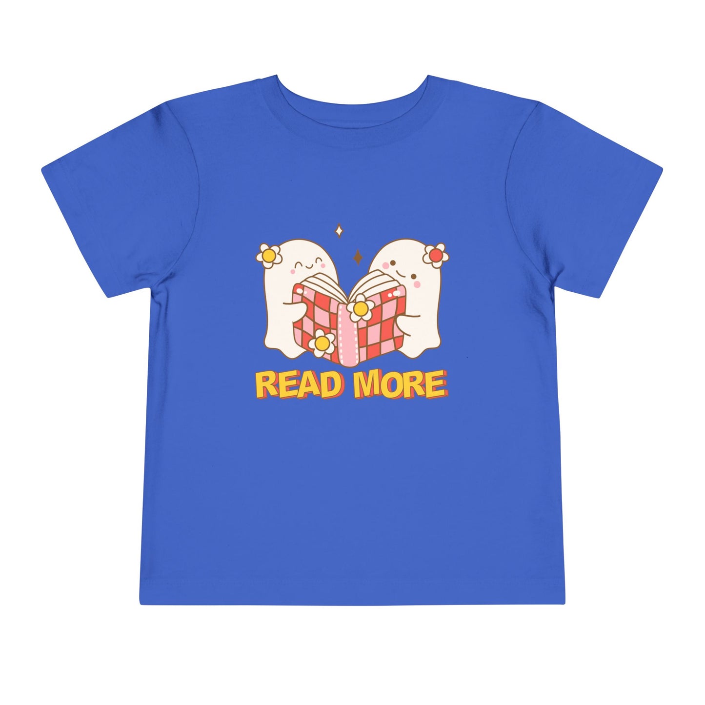 Blue t-shirt with cartoon ghosts reading a shared book and 'Read More' text 