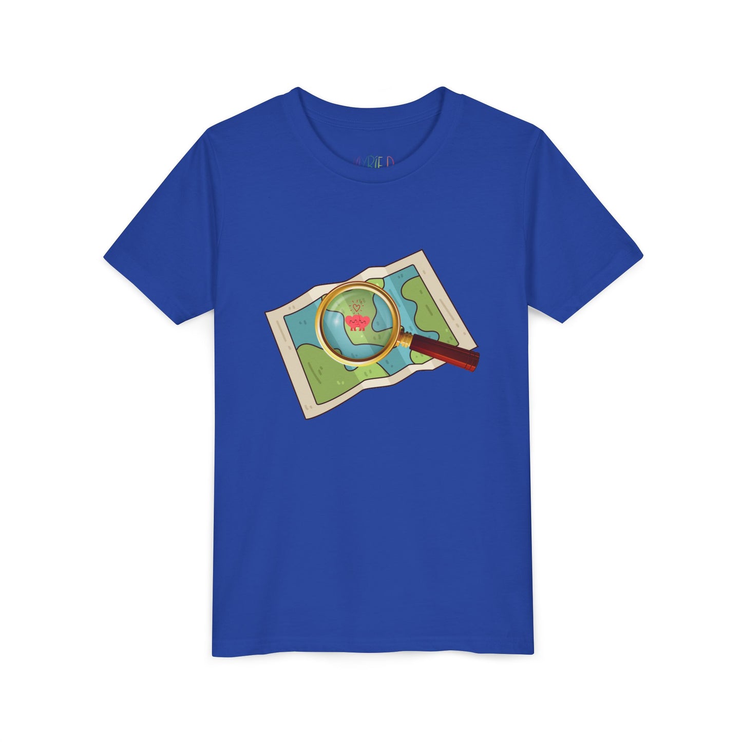 Blue t-shirt with a map and a magnifying glass highlighting two heart characters