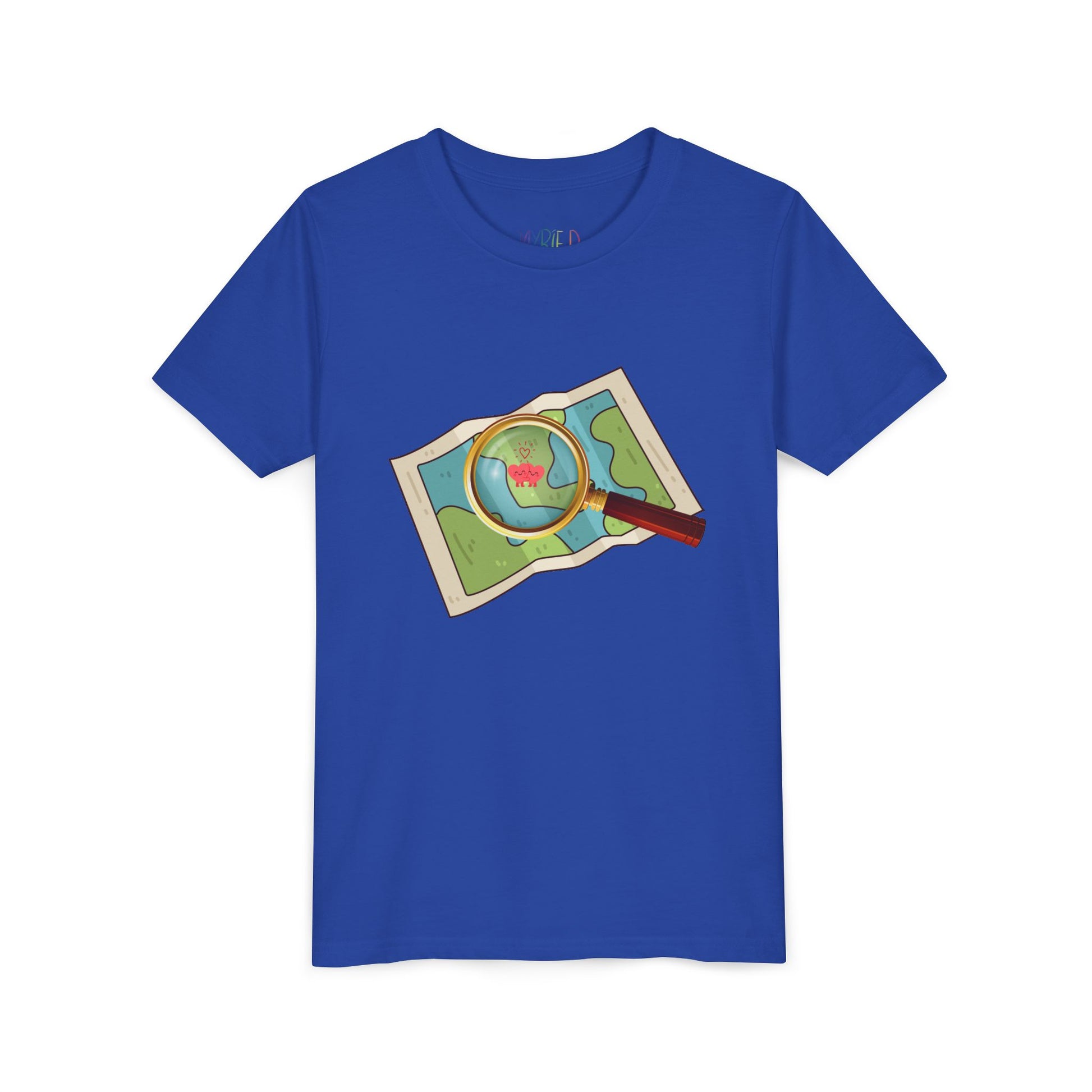Blue t-shirt with a map and a magnifying glass highlighting two heart characters