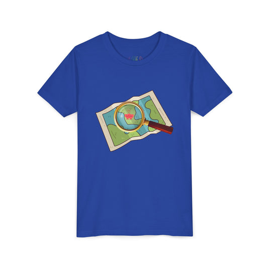 Blue t-shirt with a map and a magnifying glass highlighting two heart characters