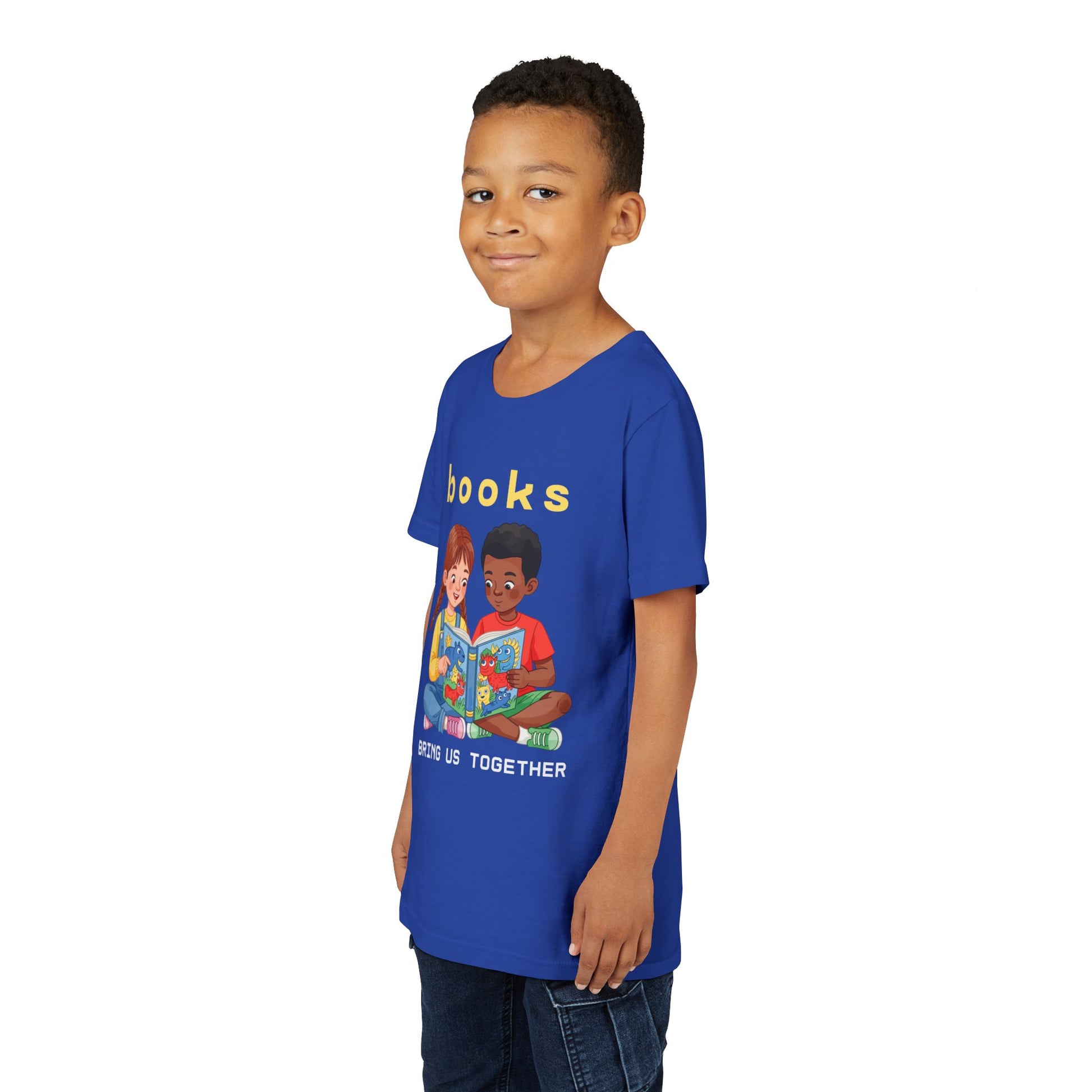 Boy wearing a blue t-shirt with illustration of two children reading a book and text 'books bring us together'