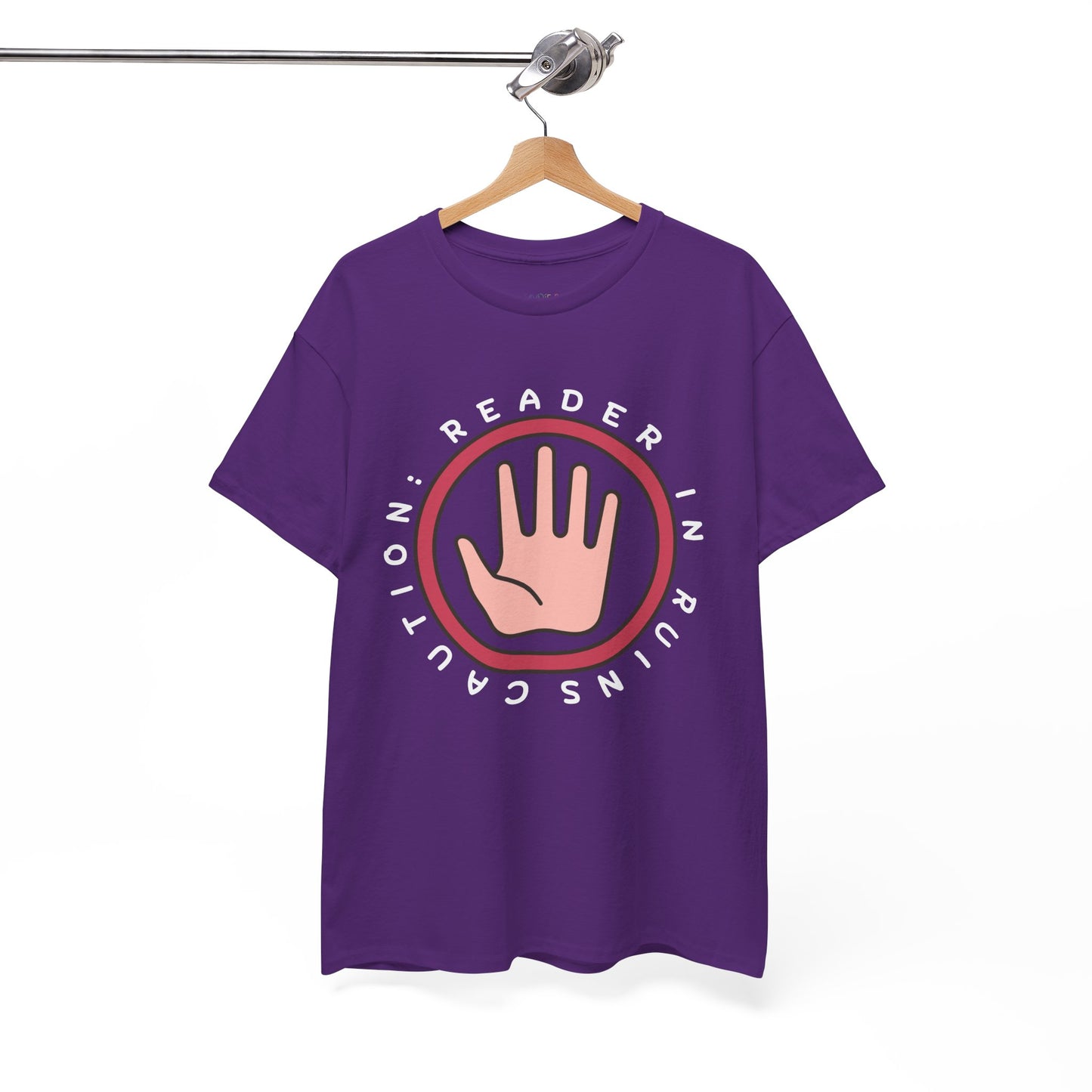 Purple t-shirt with a hand held up in a red circle and text 'Caution Reader In Ruins' 