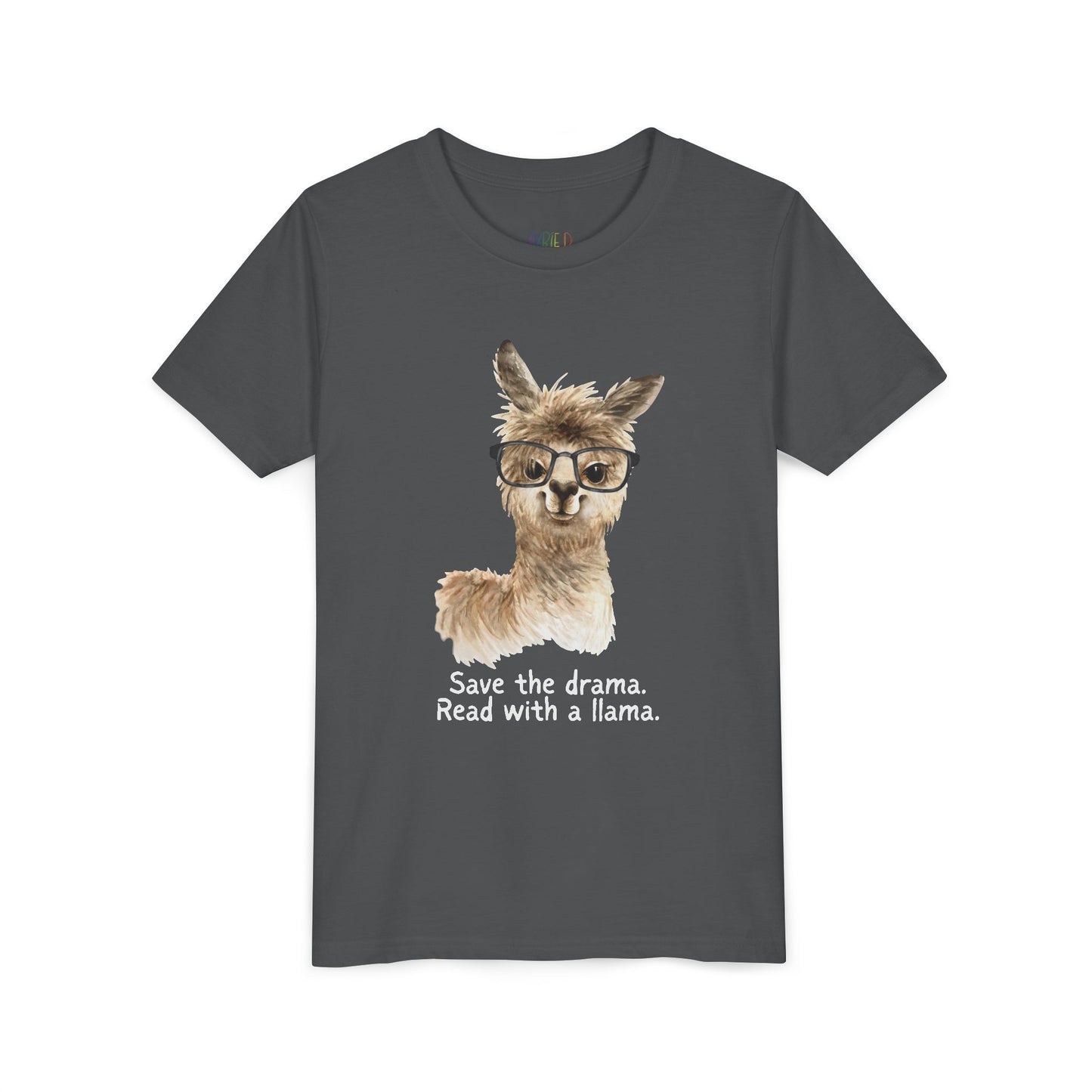 Gray t-shirt with an eyeglass wearing llama and text 'Save the drama. Read with a llama.'