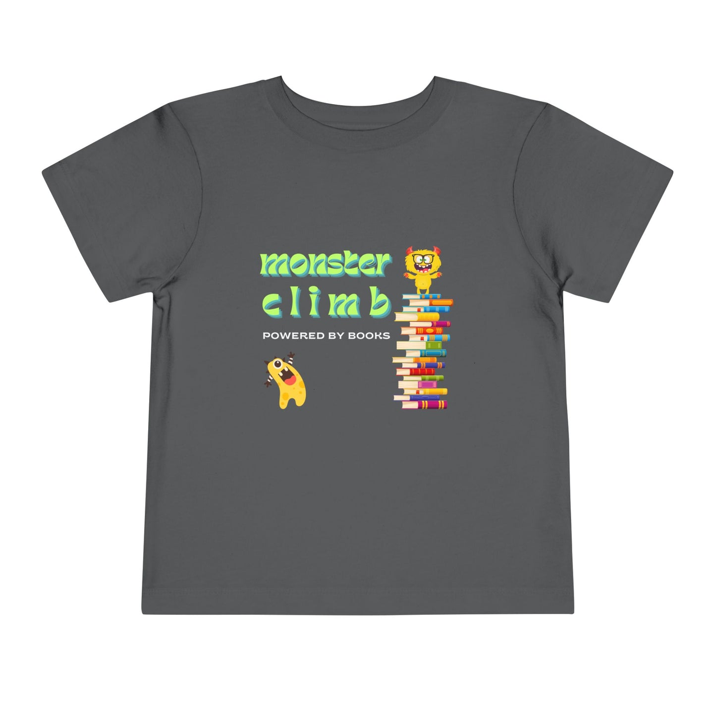 Gray toddler t-shirt with a monster on top of a colorful stack of books, another monster cheering him on and text 'Monster Climb Powered By Books'