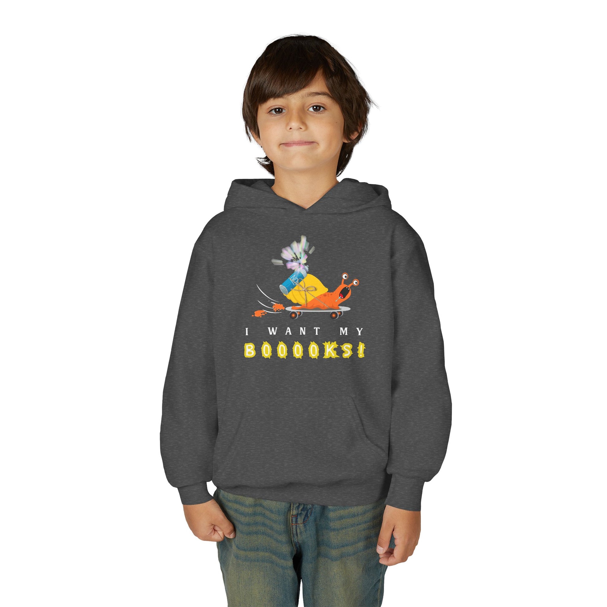 Boy wearing a gray hoodie with cartoon snail on a skateboard, NOS strapped to it's back and text 'I WANT MY BOOOOKS!'