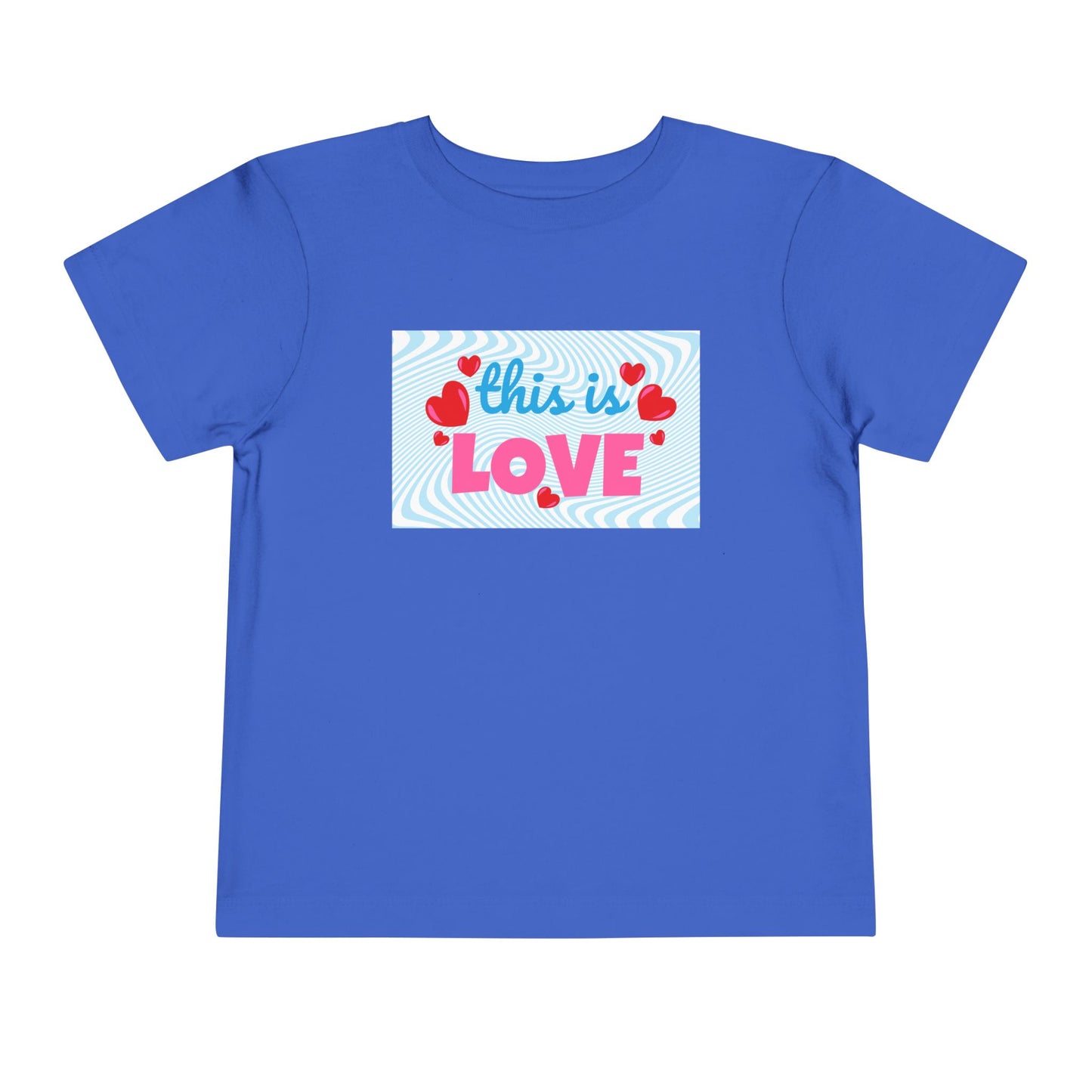 Blue t-shirt with 'this is LOVE' text and heart graphics on a swirling blue background